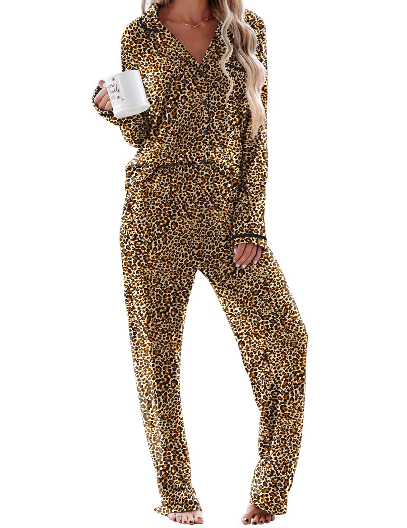 Ekouaer Womens Pajama Sets Long Sleeve Button Down 2 Piece Soft Pjs