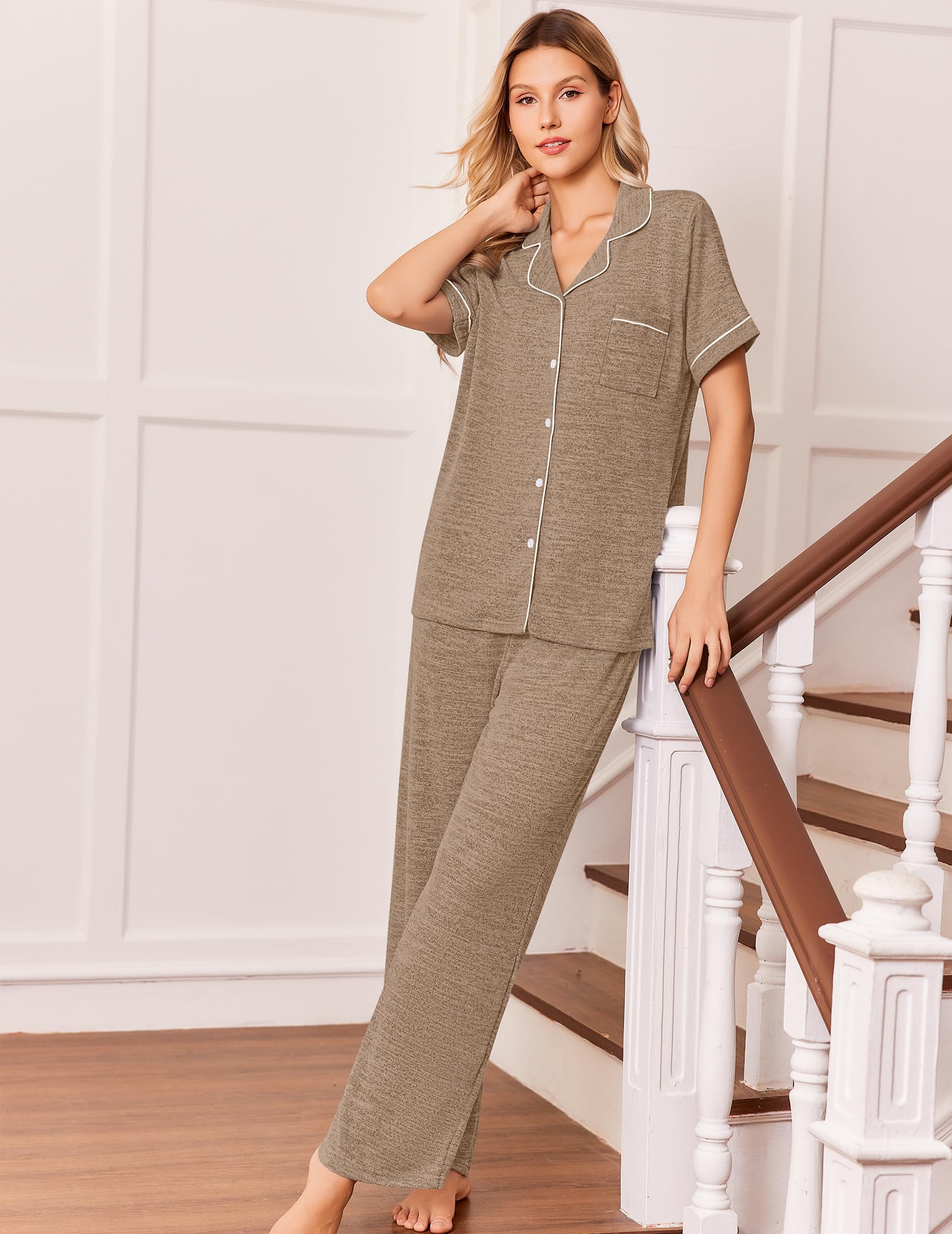 Ekouaer Pajamas for Women Set Short Sleeve Long Pants 2 Piece Lounge Set