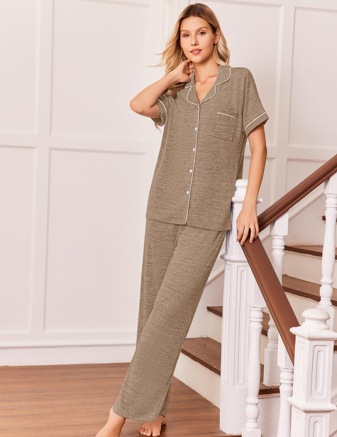 Ekouaer Pajamas for Women Set Short Sleeve Long Pants 2 Piece Lounge Set