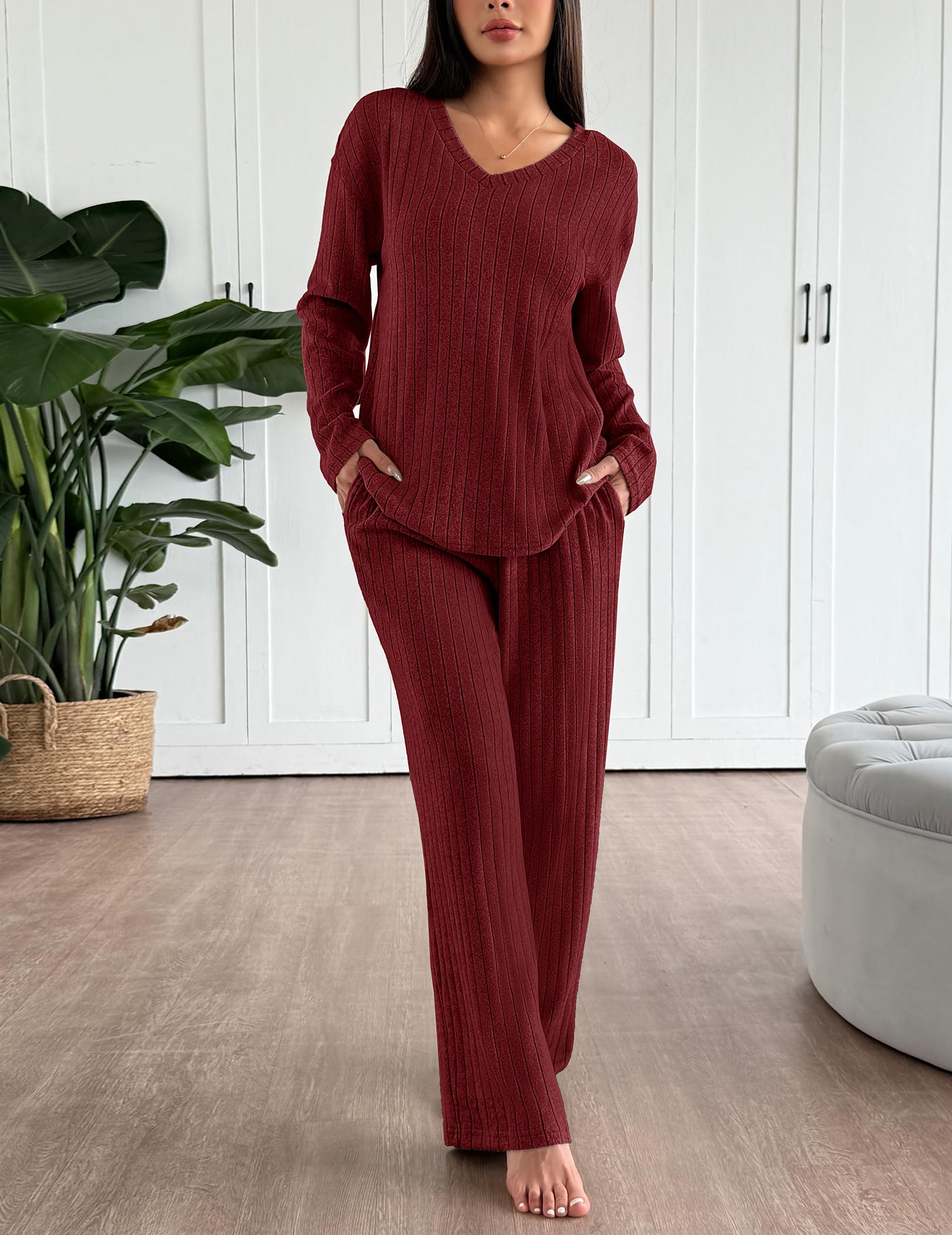 Ekouaer Lounge Sets for Women Long Sleeve Knit Ribbed Pajama Sets 2 Piece Casual Loungewear with Pockets