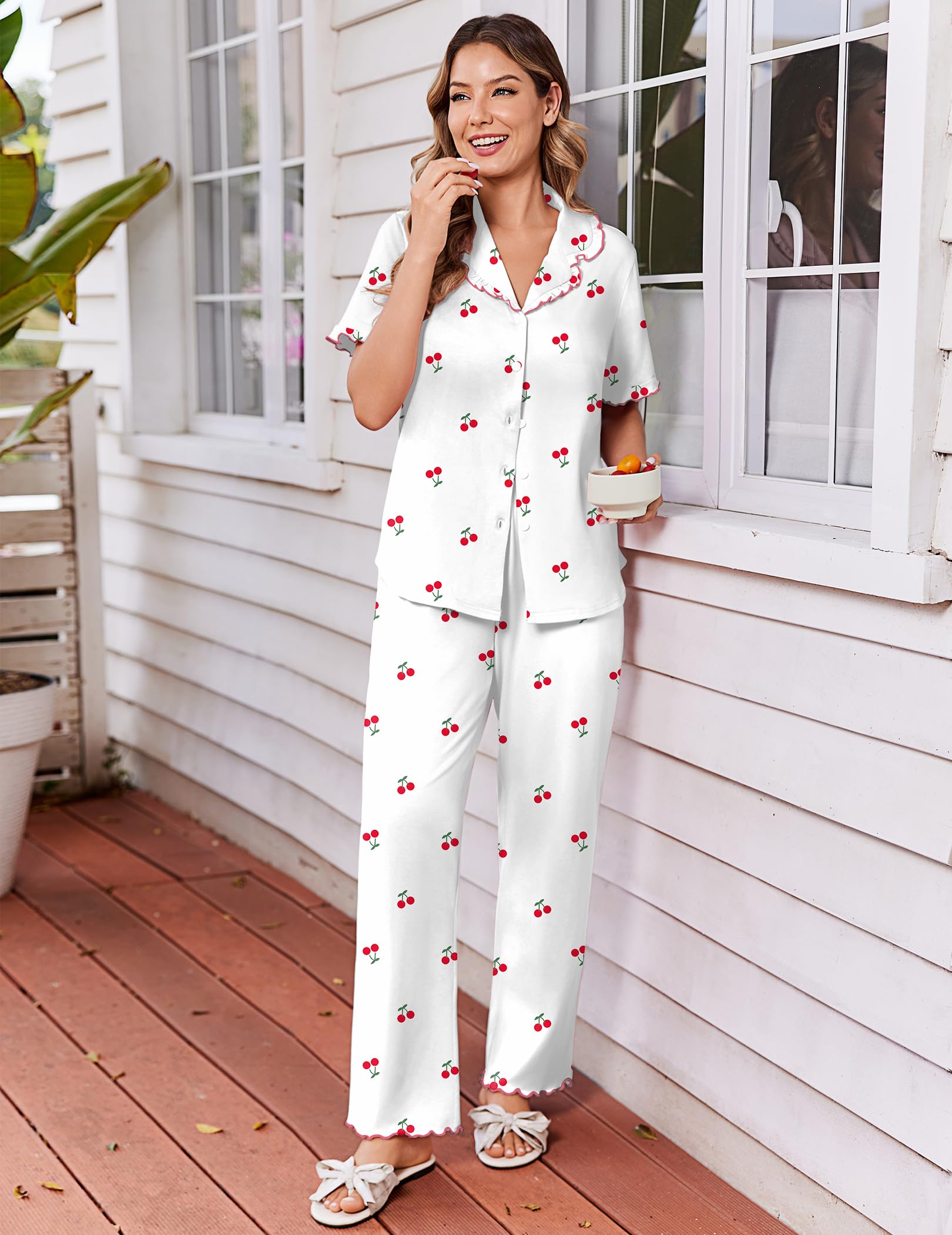 Ekouaer Womens Pajama Sets Short Sleeve Printed PJs Button Down Sleepwear