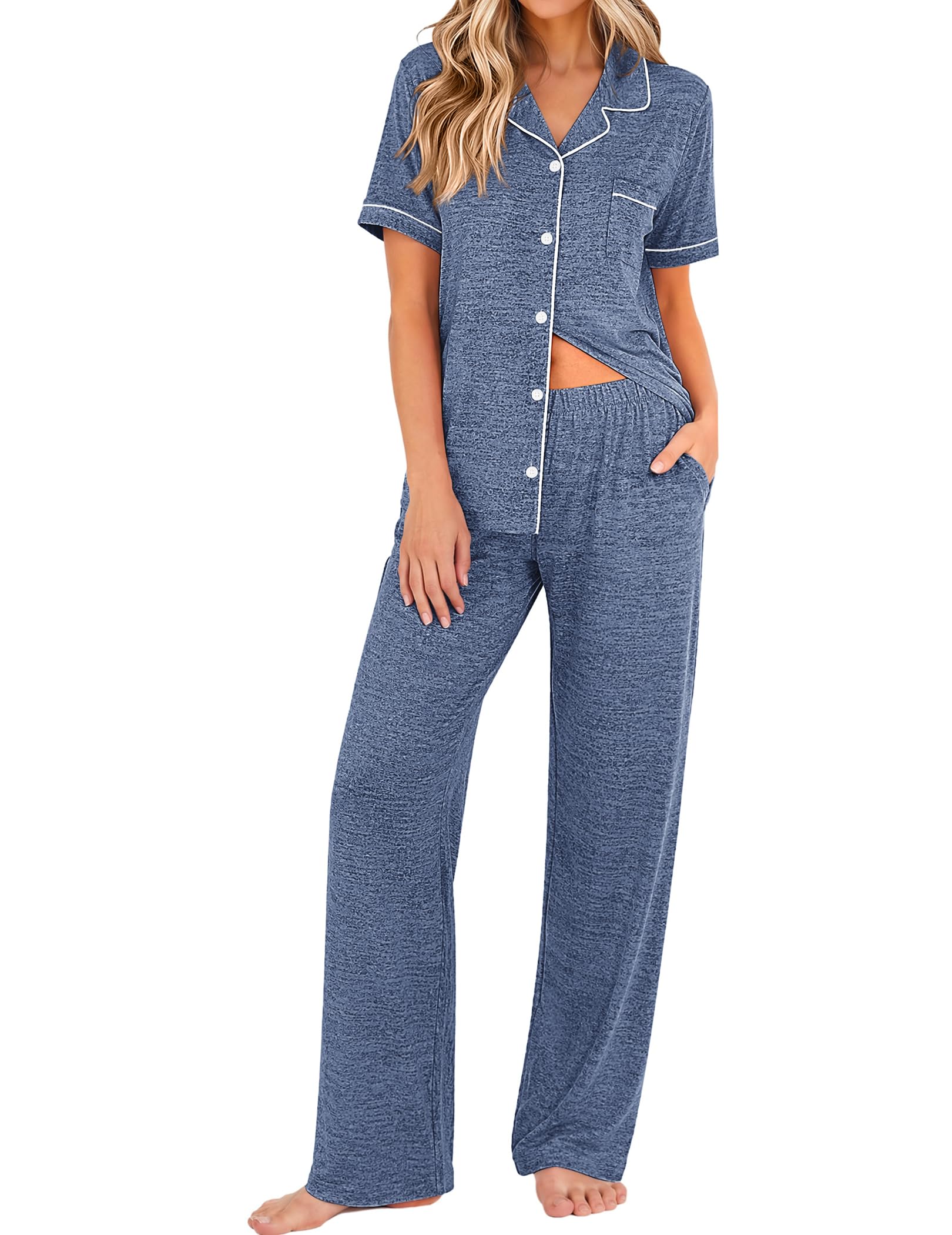 Ekouaer Pajamas for Women Set Short Sleeve Long Pants 2 Piece Lounge Set