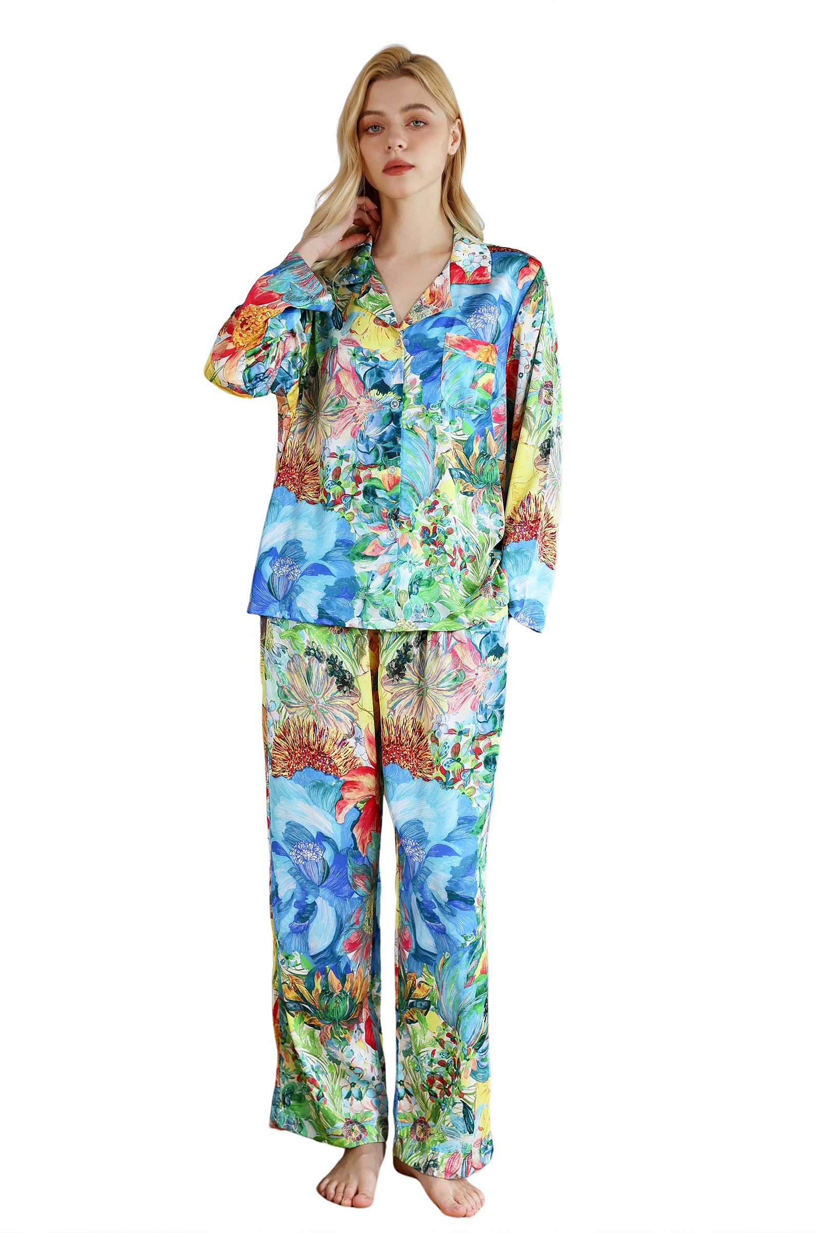 YiNi LuLu Womens Silk Satin Pajamas Set Button Down 2 Piece Pjs Long Sleeve Oversized Sleepwear with Pockets