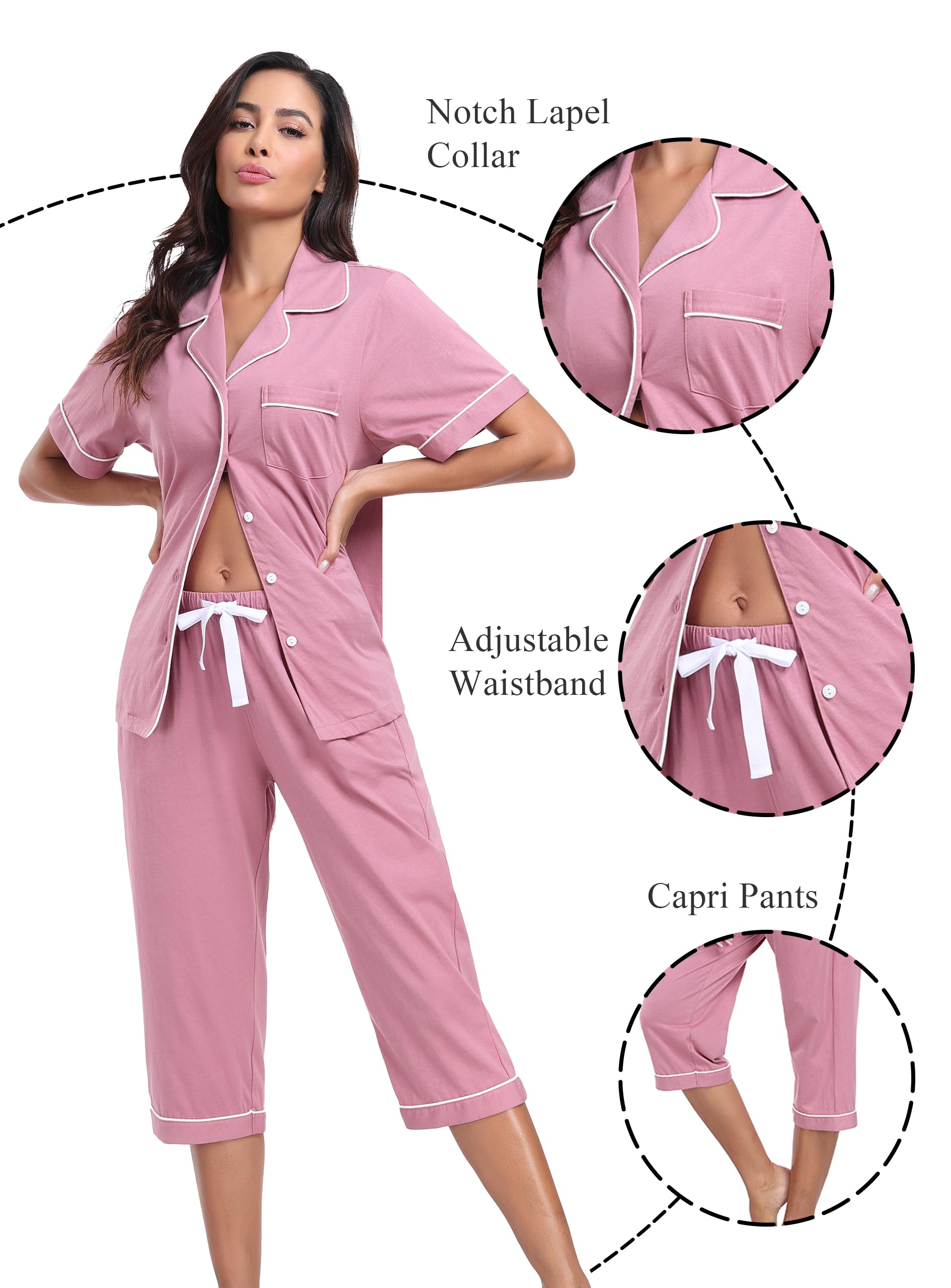 COLORFULLEAF 100% Cotton Women's Pajama Sets Short Sleeve Capri Pajamas for Women Set Button Down Pjs Soft Sleepwear Summer