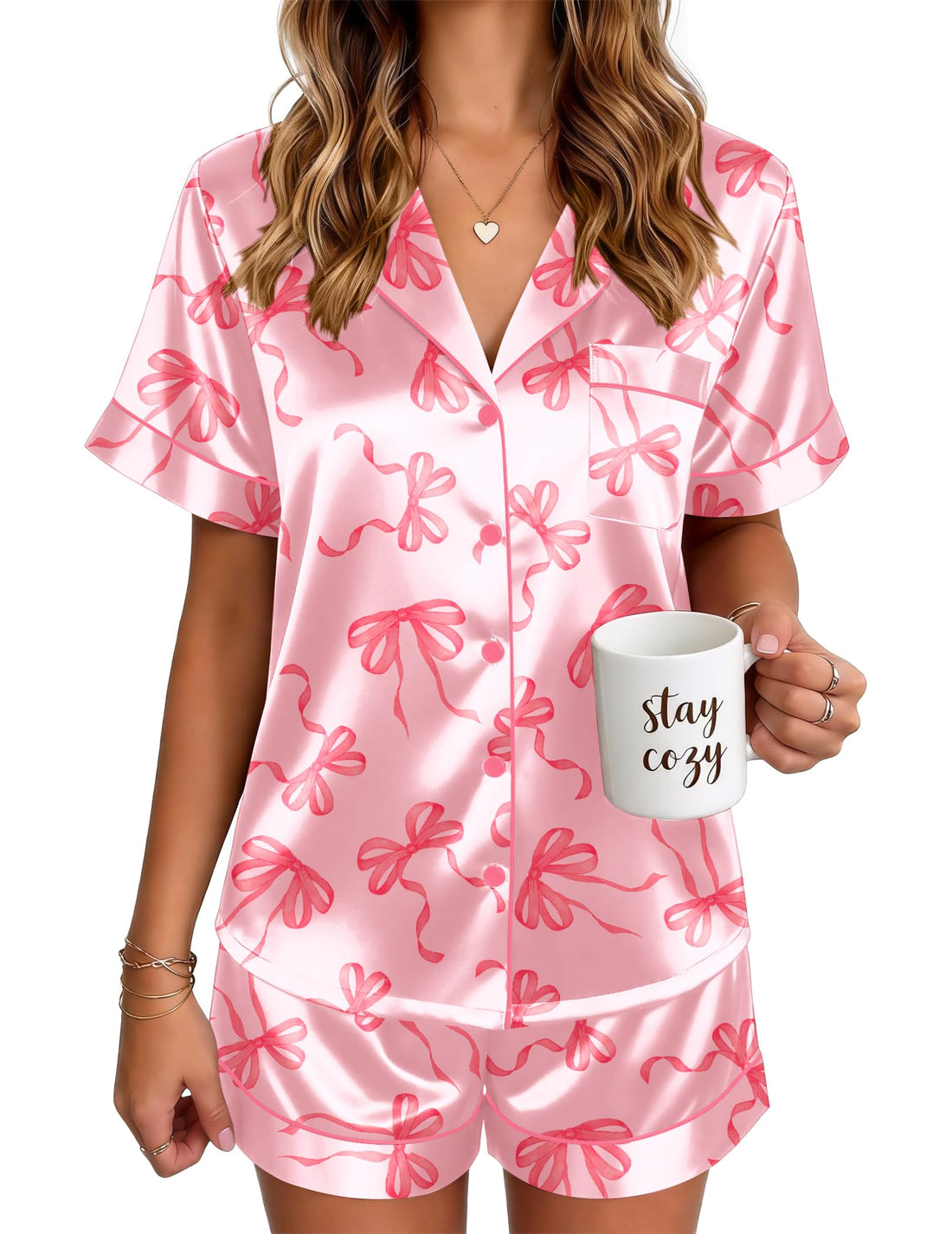 Ekouaer Satin Pajamas for Women Silk Pjs Short Set 2 Piece Lounge Sets