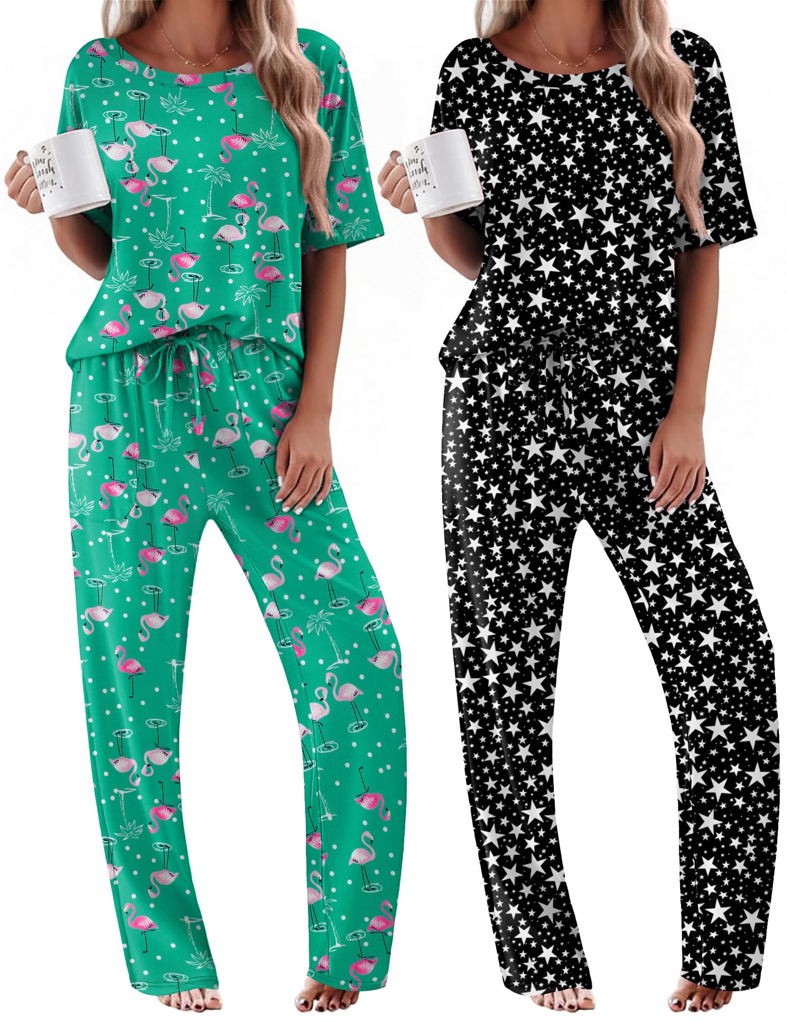 Ekouaer 2 Pack Womens Pajamas Sets Short Sleeve Long Pants Pjs Lounge Set