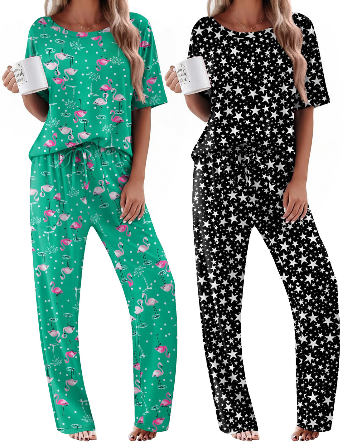 Ekouaer 2 Pack Womens Pajamas Sets Short Sleeve Long Pants Pjs Lounge Set