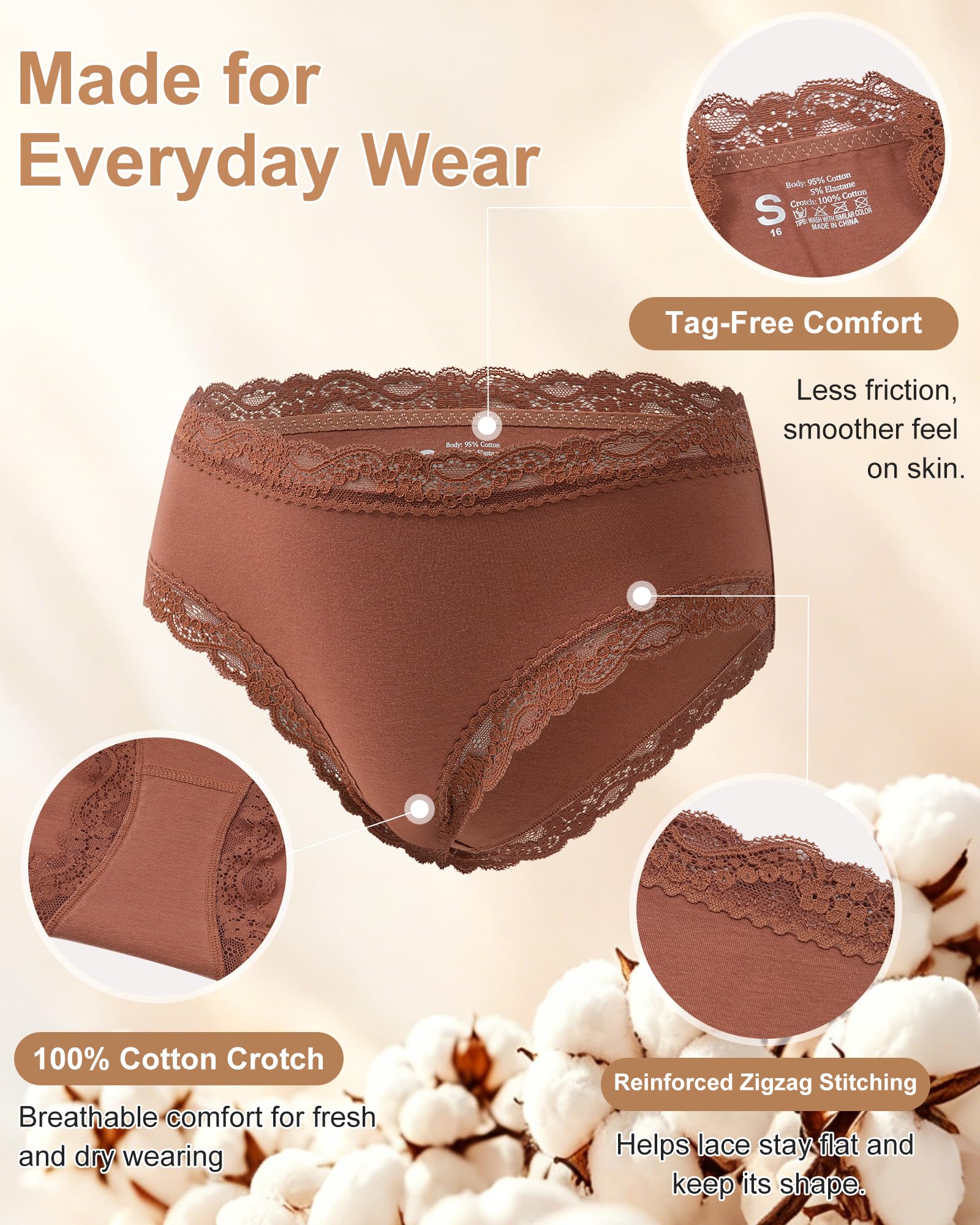 LEVAO Women's Cotton Brief Panties Soft Breathable Lace Trim 5 Pack