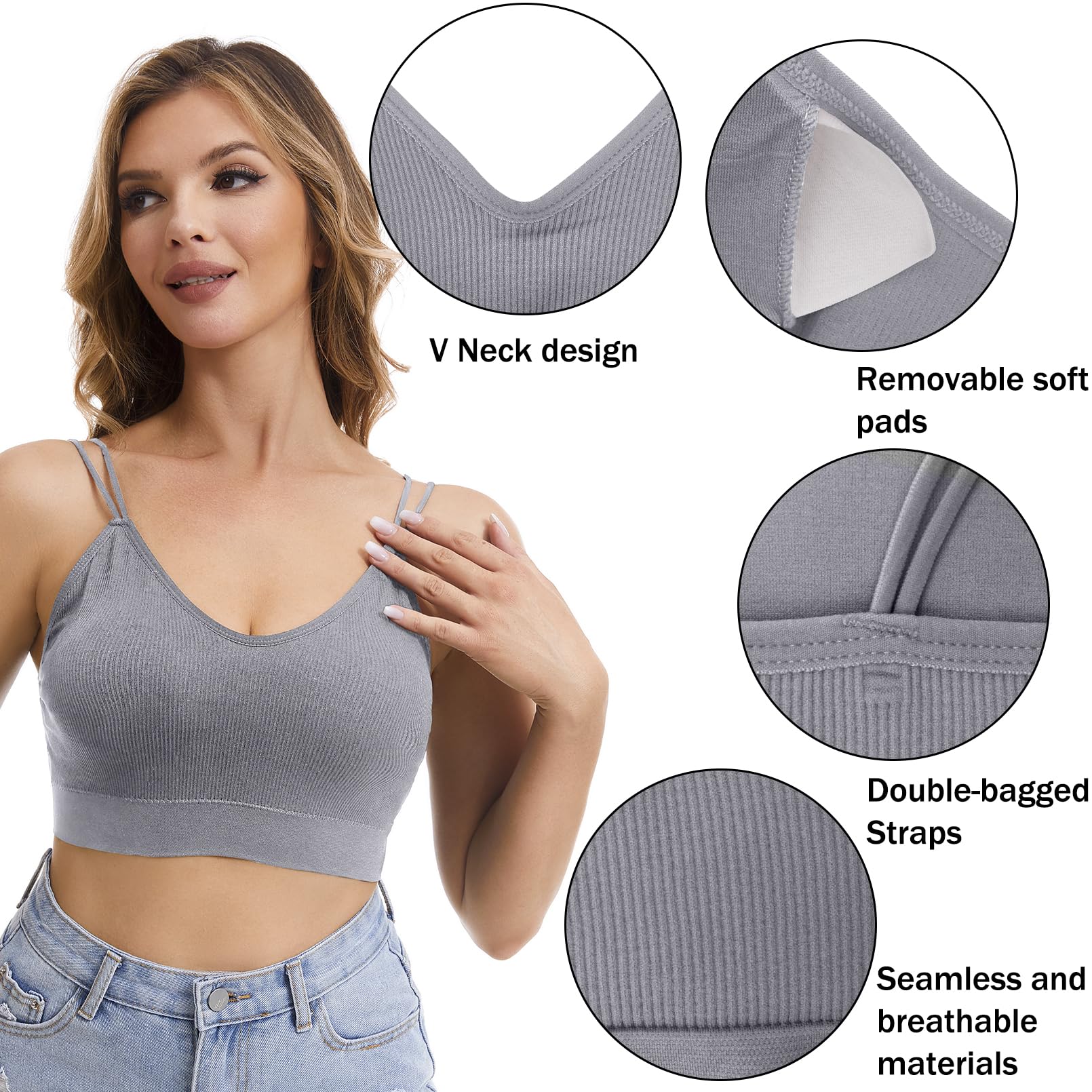 BQTQ 6 Pcs V Neck Bralettes for Women Padded Bralette with Straps Seamless Bra