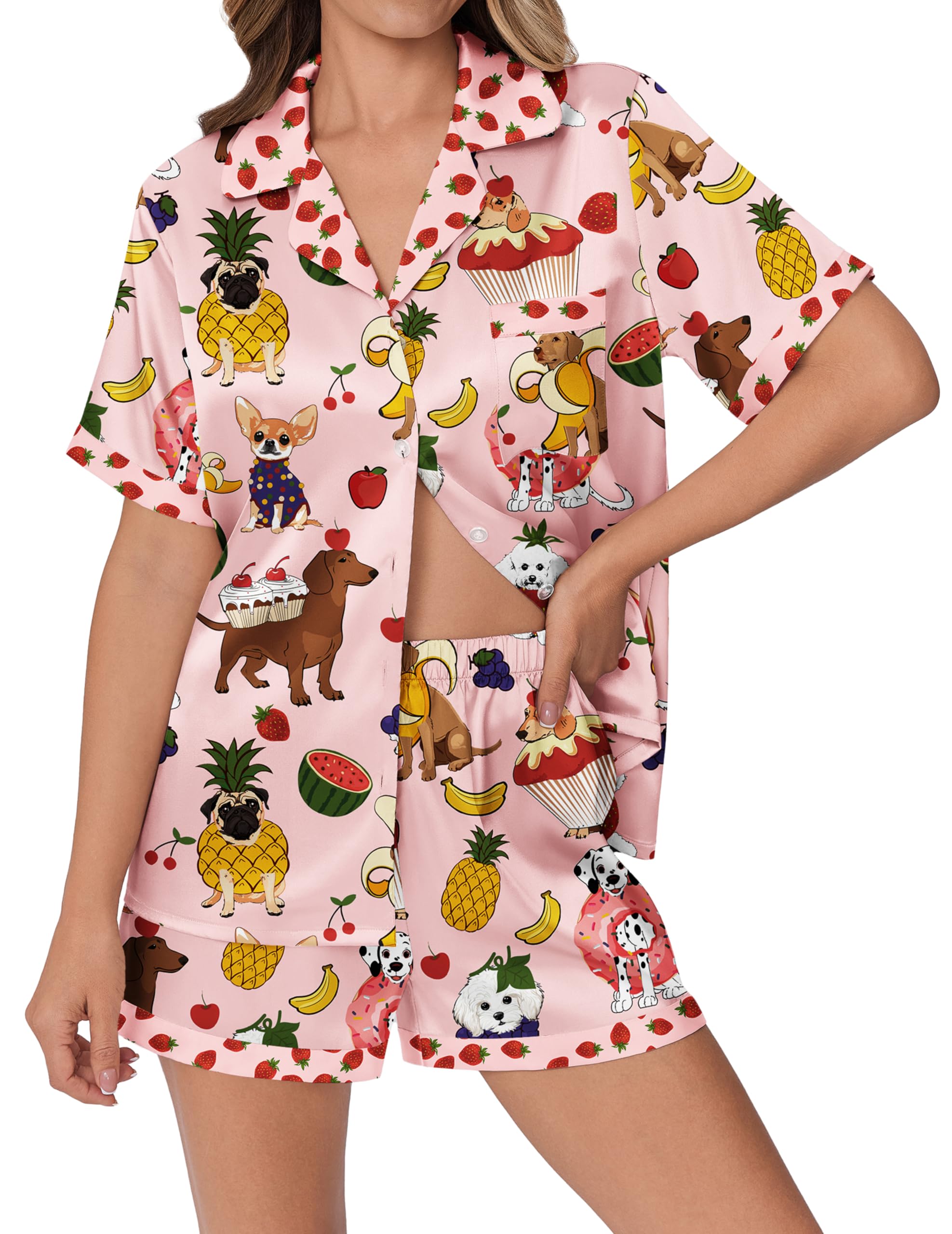 Ekouaer Womens Silky Satin Pajamas Set Short Sleeve Colorful Print Pjs