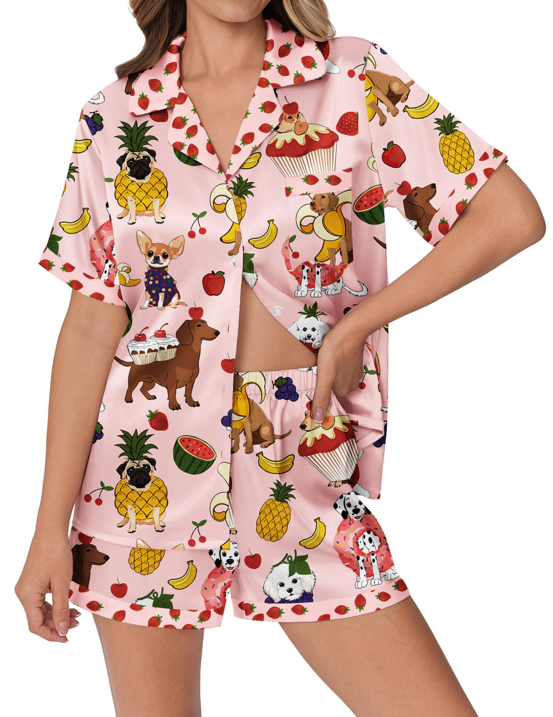Ekouaer Womens Silky Satin Pajamas Set Short Sleeve Colorful Print Pjs