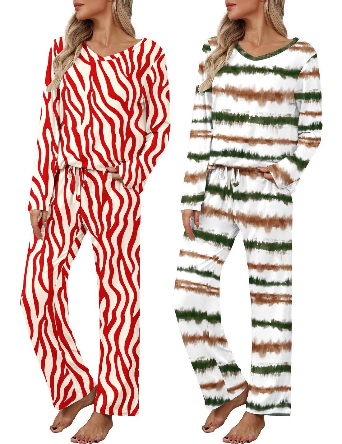 2 Pack: Women's Long Sleeve Pajama Sets - V Neck Top and Pants Lounge sets