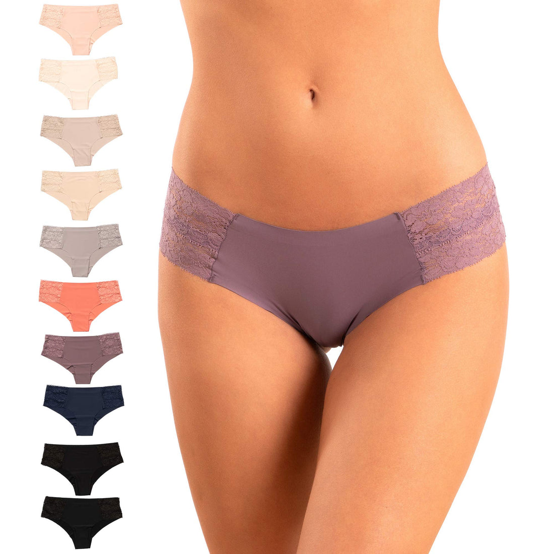 Pretty Sweet Intimates Women’s Seamless Cheeky Bikini Underwear, Pack of 10- Laser Cut, No Show Cheeky Panties with Lace