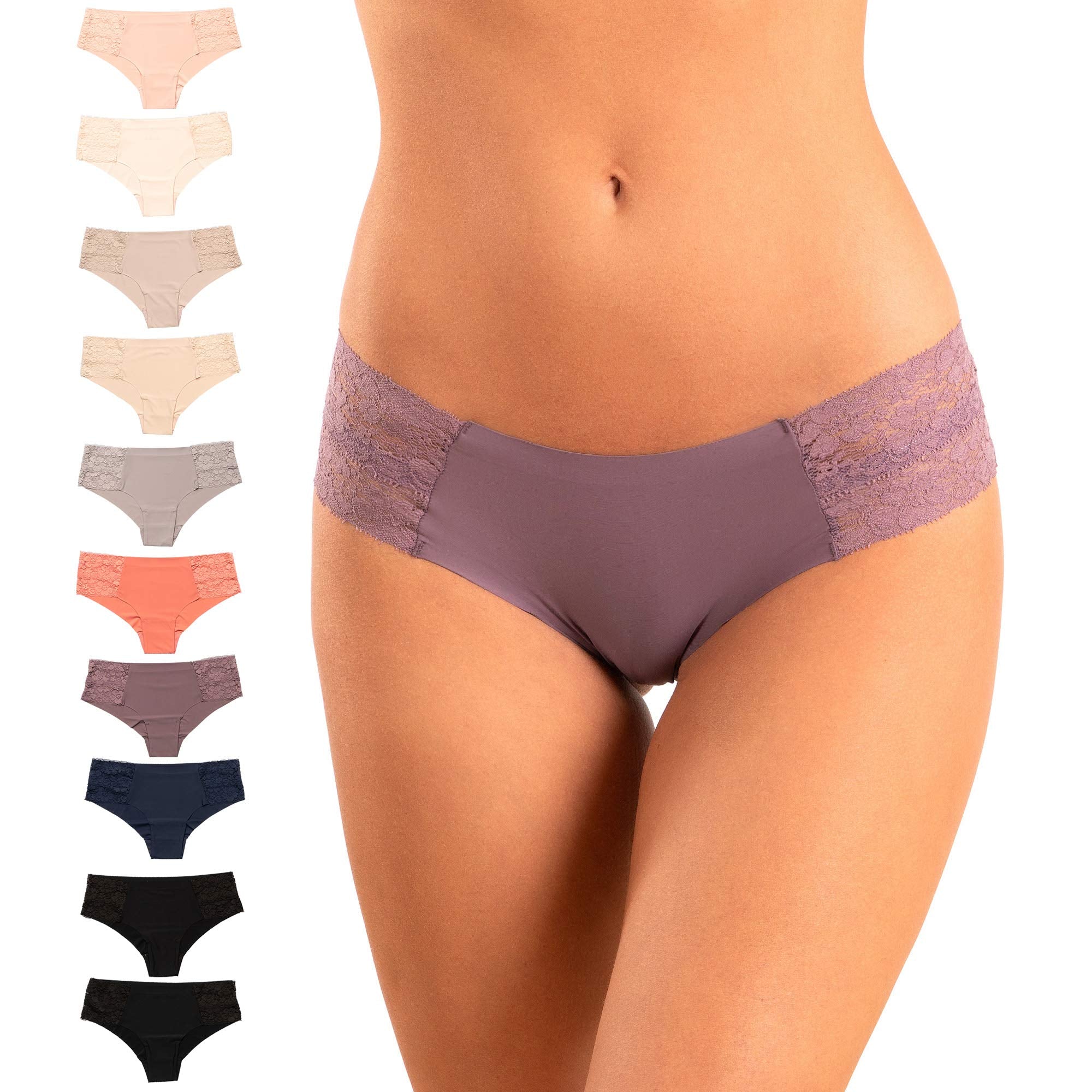 Pretty Sweet Intimates Women’s Seamless Cheeky Bikini Underwear, Pack of 10- Laser Cut, No Show Cheeky Panties with Lace