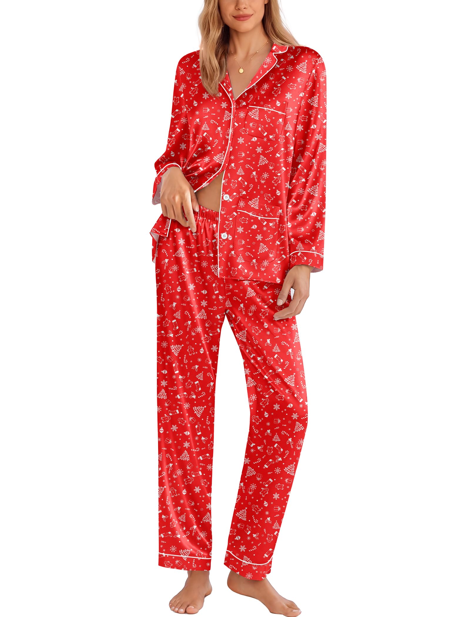 Ekouaer Pajamas for Women Silk Satin Button Down Long Sleeve Pajama Sets