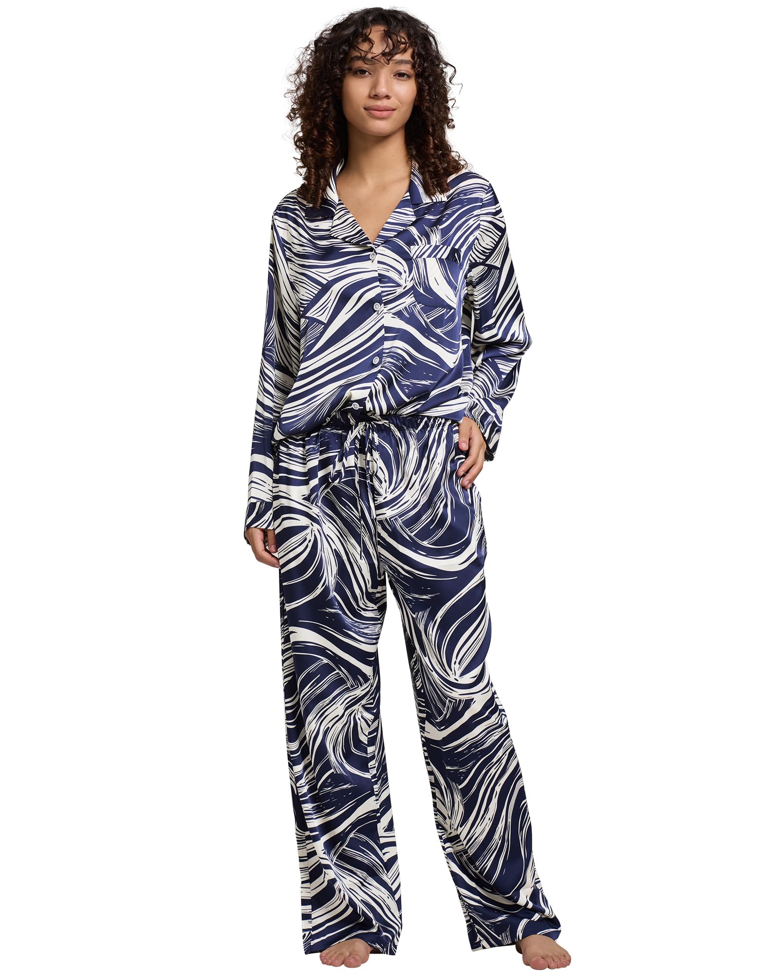 YiNi LuLu Womens Silk Satin Pajamas Set Button Down 2 Piece Pjs Long Sleeve Oversized Sleepwear with Pockets