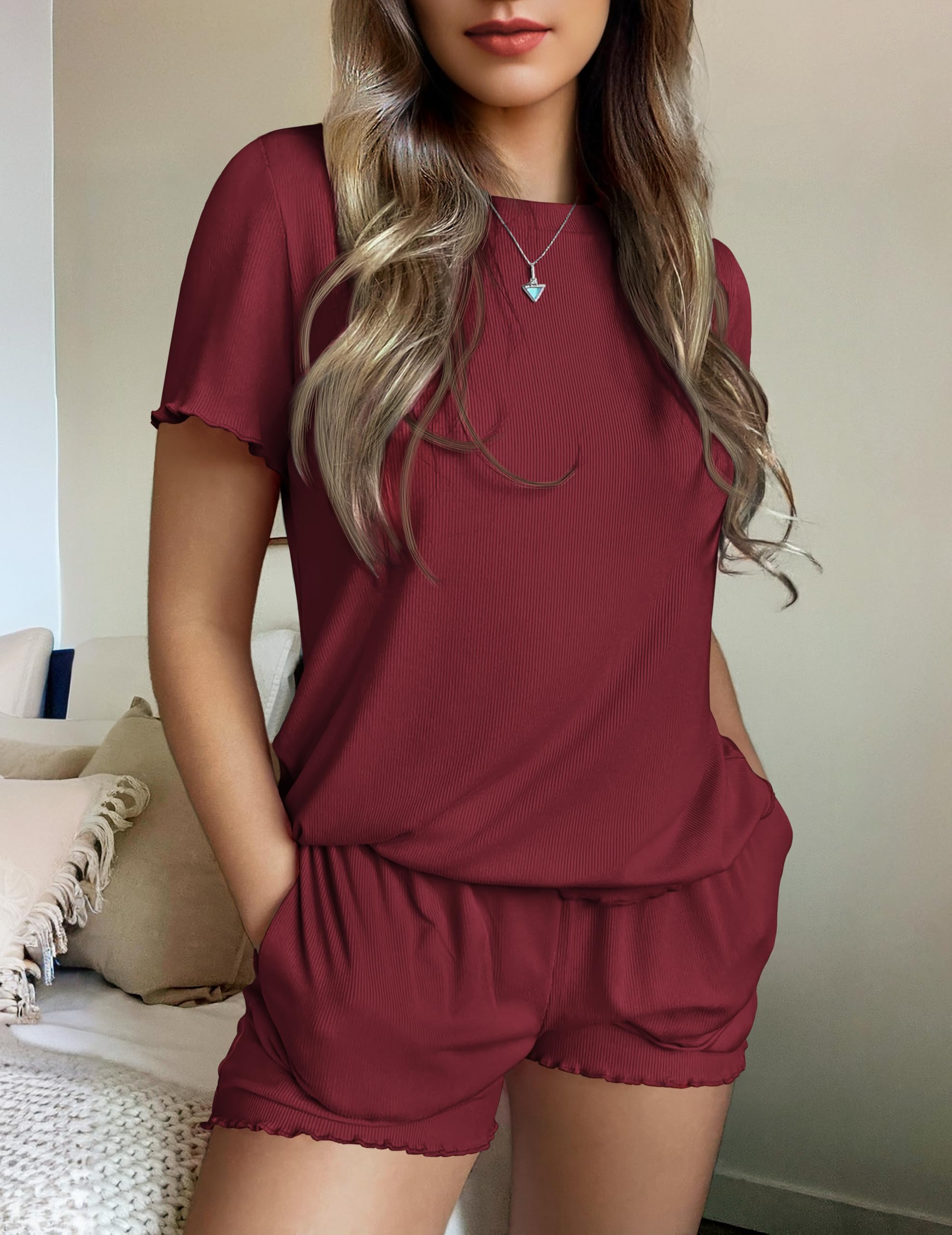 Ekouaer Womens Pajamas 2 Piece Ribbed Knit Pjs Short Sleeve Lounge Sets