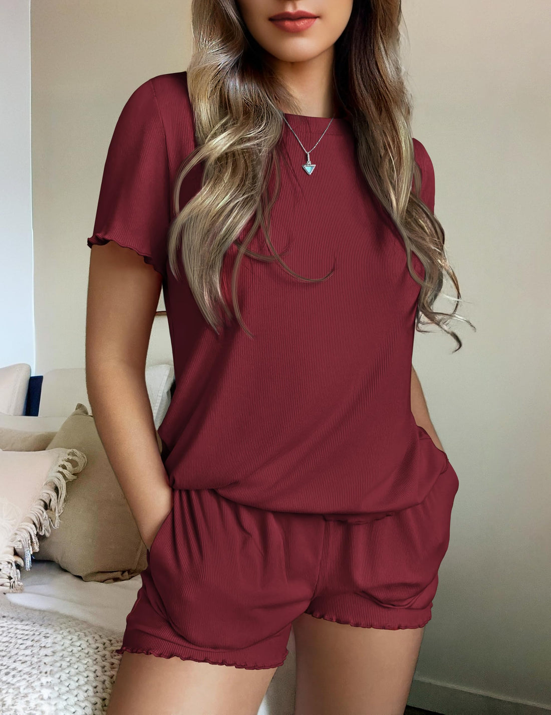 Ekouaer Womens Pajamas 2 Piece Ribbed Knit Pjs Short Sleeve Lounge Sets