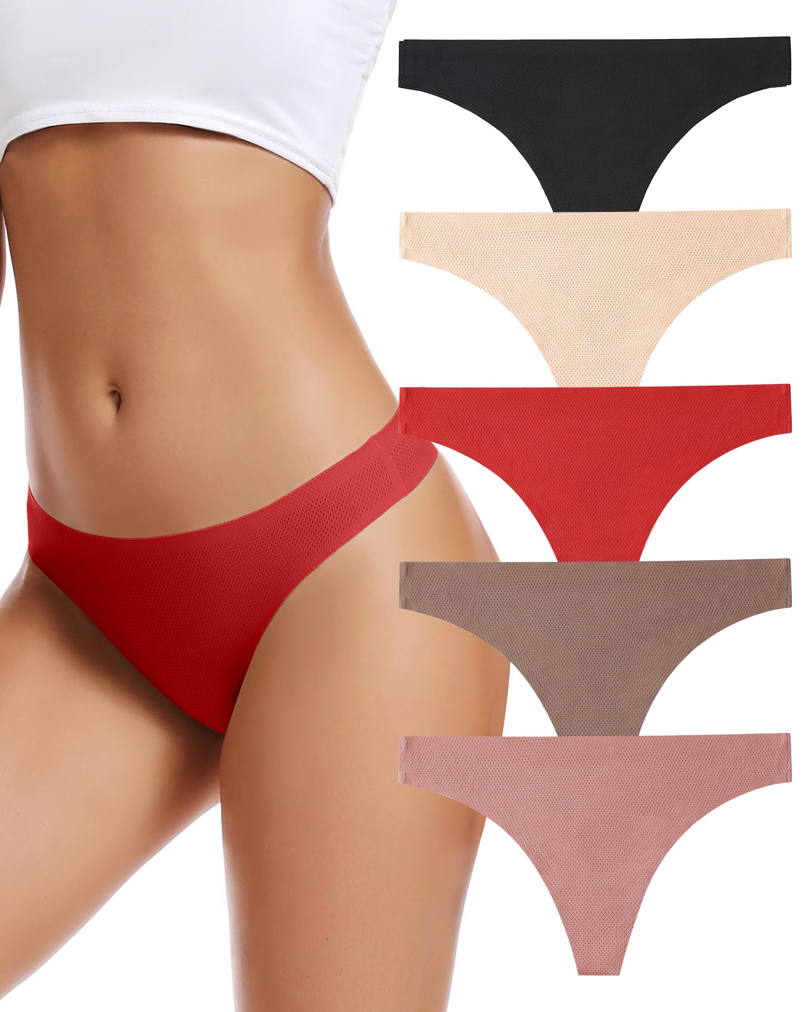 voenxe Seamless Women Underwear Thongs,No Show Ladies Workout Thong,5 Pack | Invisible Breathable Comfortable Mesh Panties,No Seam Soft Low Rise Cut Athletic Undies for Sports Gym Running Exercise Work