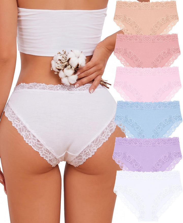 Knowyou Cotton Underwear for Women No Roll Soft Panties No Dig Lace Waist Hipster Breathable Cheeky Lingerie for Women
