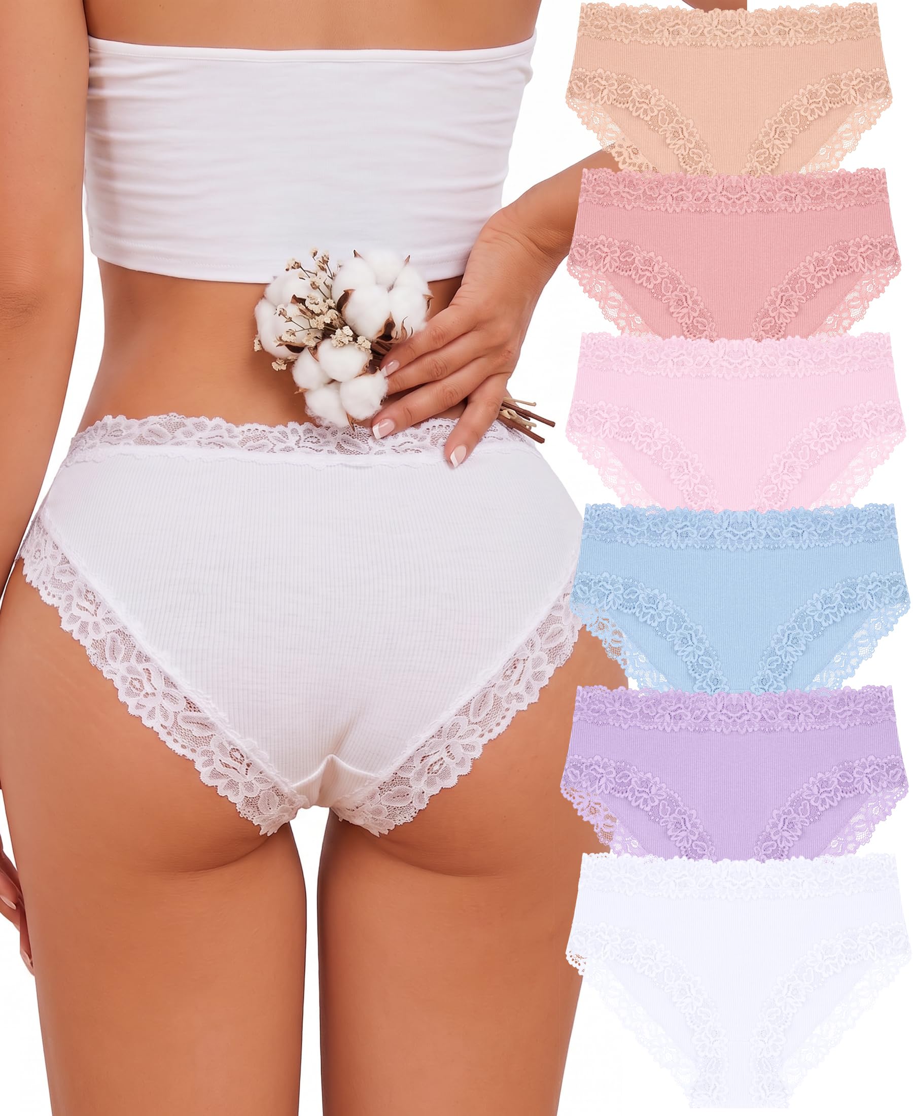 Knowyou Cotton Underwear for Women No Roll Soft Panties No Dig Lace Waist Hipster Breathable Cheeky Lingerie for Women