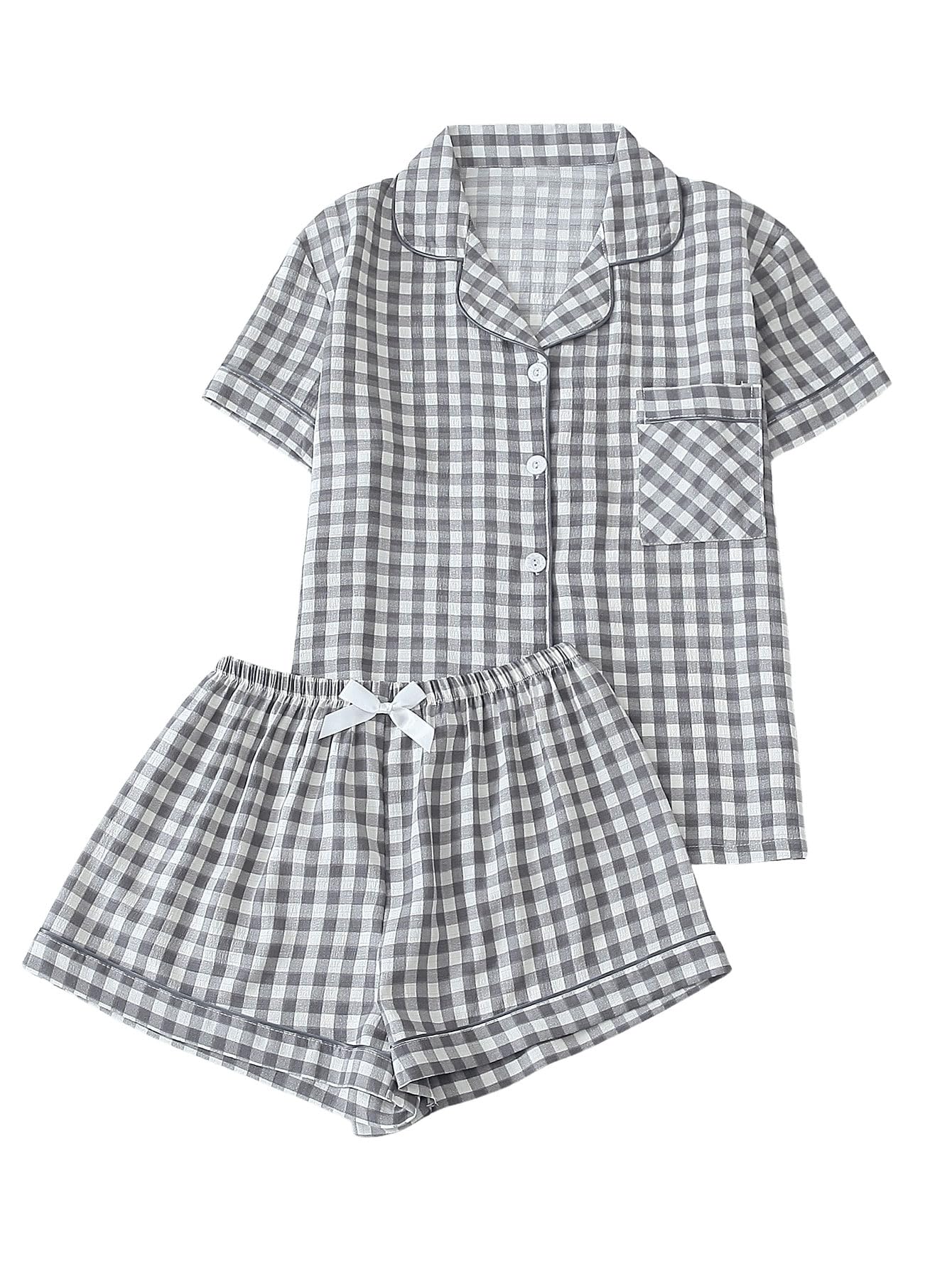 Verdusa Pajamas Sets 2 Piece Gingham Cute Button Down Shirts with Shorts