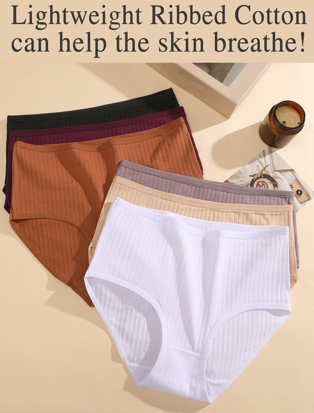 FINETOO Cotton Underwear for Women High Waisted Ribbed Full Coverage Briefs Soft Breathable Moisture Wicking Panties 6 Pack