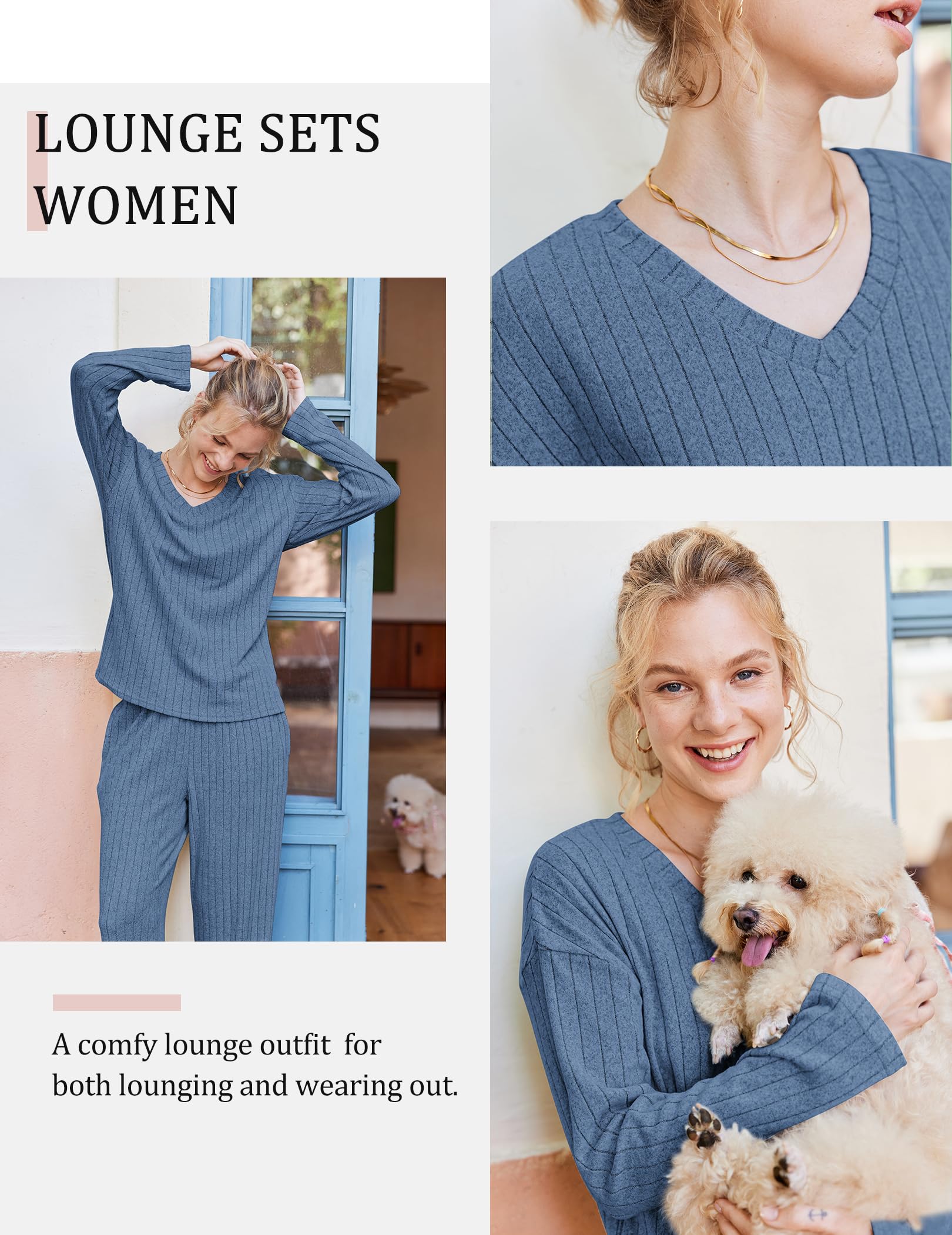 Ekouaer Lounge Sets for Women Long Sleeve Knit Ribbed Pajama Sets 2 Piece Casual Loungewear with Pockets