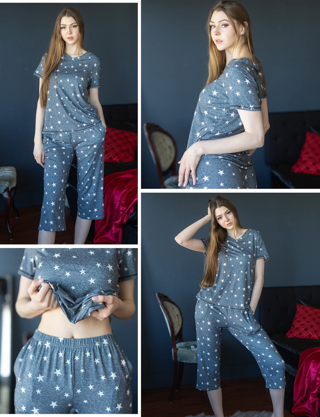 Ekouaer 2 Pack Women's Capri Pajama Sets Short Sleeve Two-Piece Pjs V Neck Tops & Pants Printed Lounge Sets S-3XL