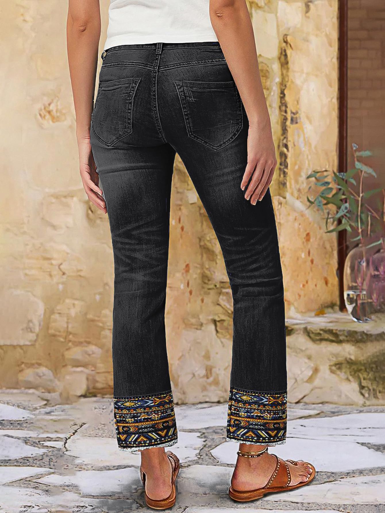 Flamingals Straight Leg Cropped Jeans for Women Trendy Mid Rise Stretchy Tribal Embroidery Raw Hem Ankle Jeans