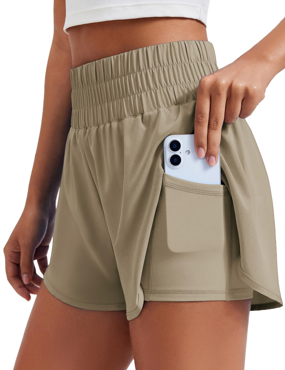 PINSPARK Women's 2 in 1 Running Shorts High-Split Athletic Short High Waisted 3" Liner Workout Gym Short with Pockets