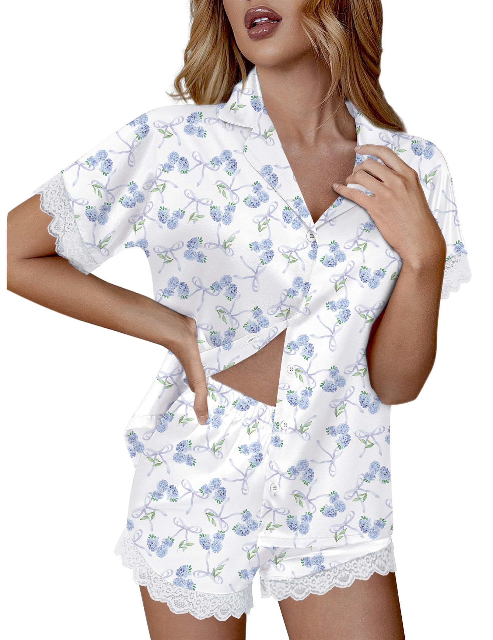 Ekouaer Women Lace Satin Pajama Set Button Down Silk Pjs Shorts Set XS-XXL