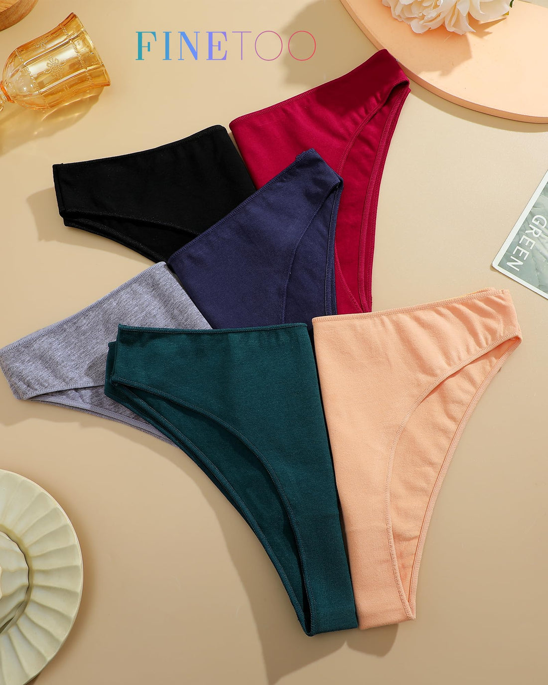 FINETOO 6 Pack Cotton Underwear for Women Cute Low Rise Bikini Panties High Cut Breathable Sexy Hipster Womens Cheeky S-3XL