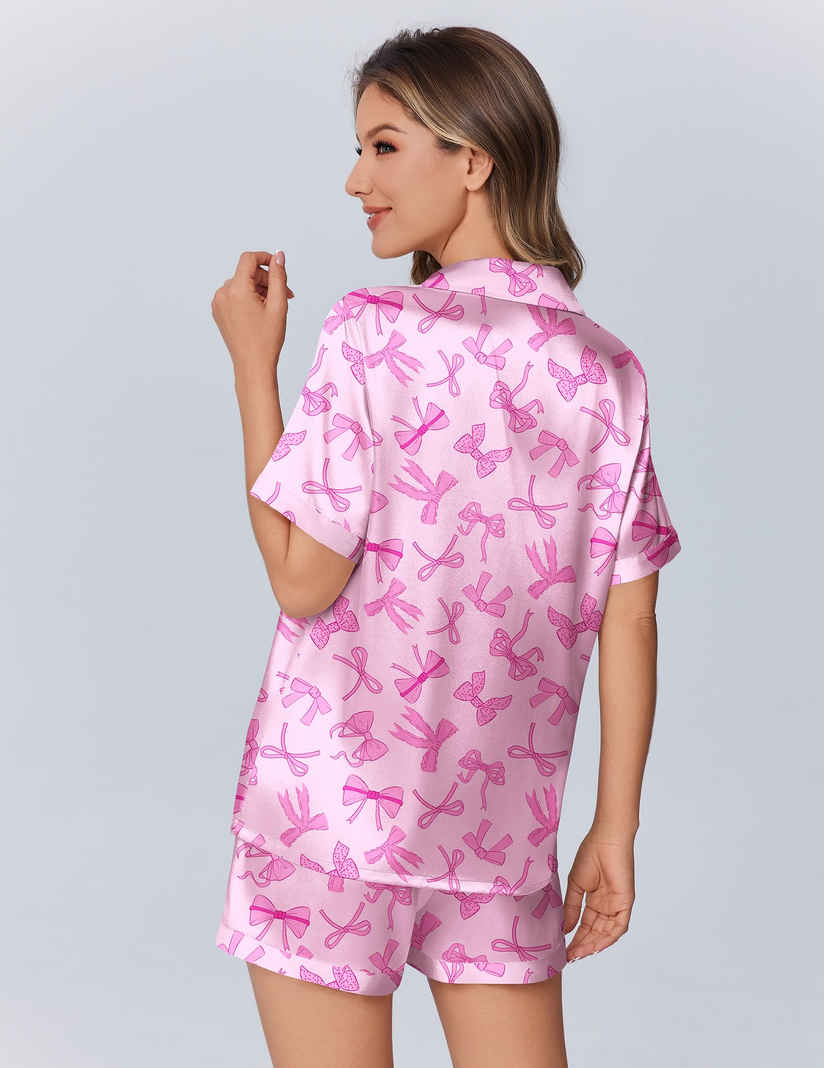 Ekouaer Womens Silky Satin Pajamas Set Short Sleeve Colorful Print Pjs