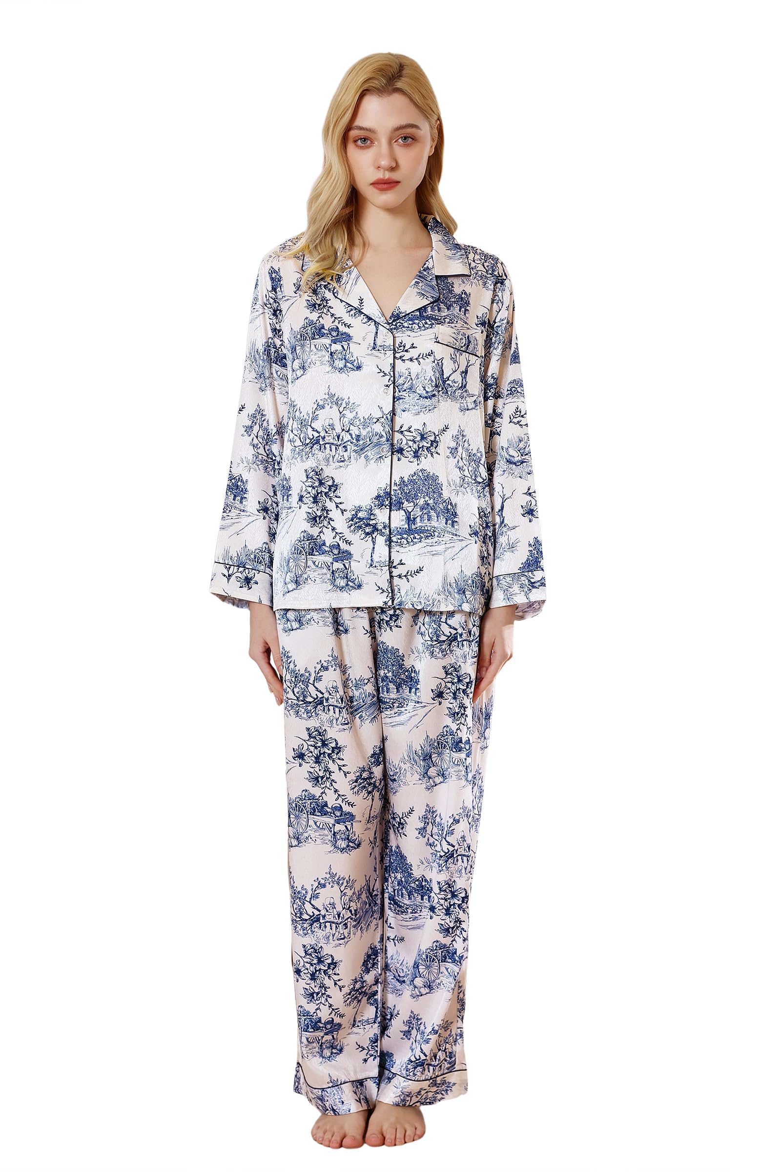 YiNi LuLu Womens Silk Satin Pajamas Set Button Down 2 Piece Pjs Long Sleeve Oversized Sleepwear with Pockets