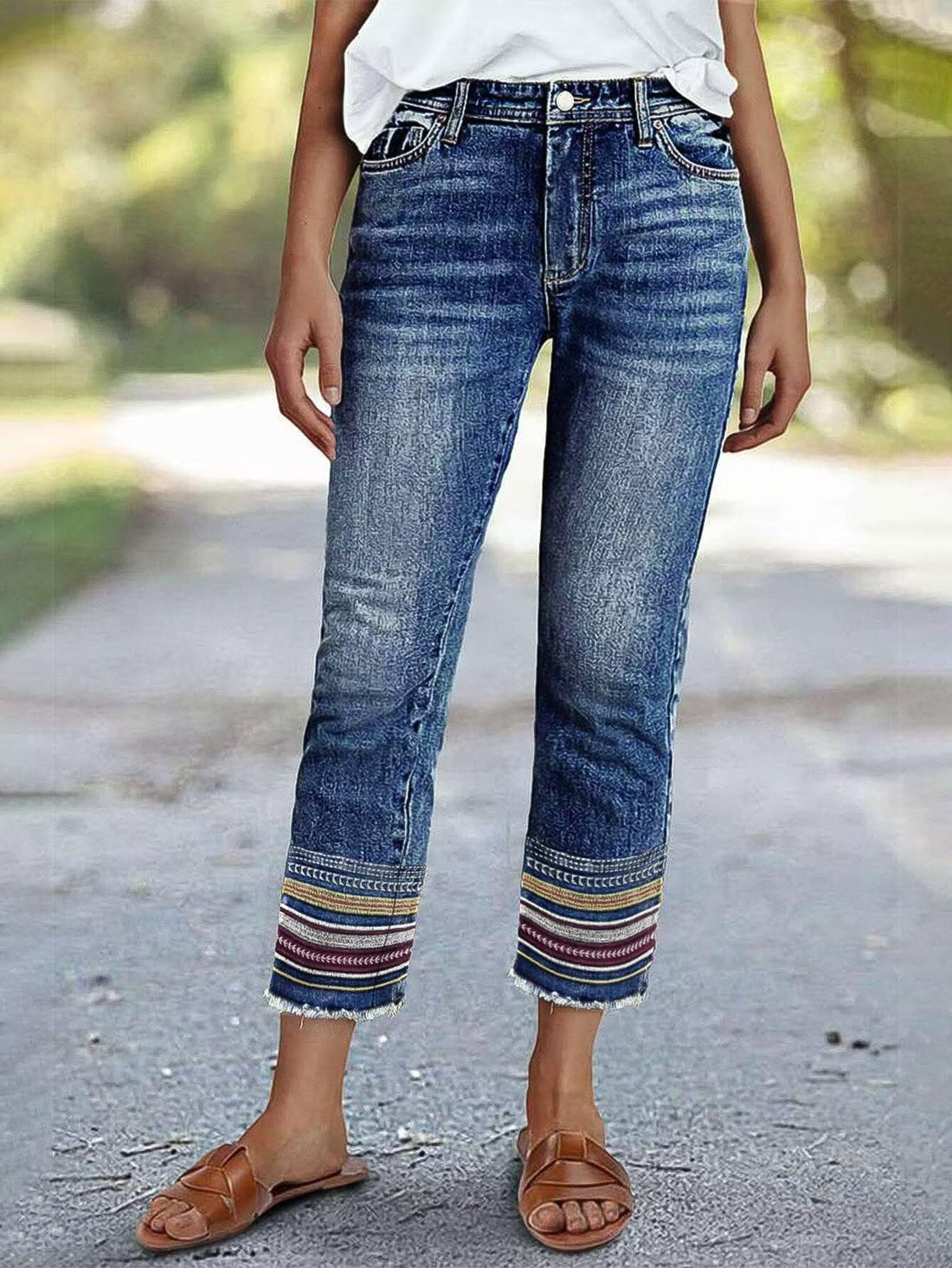 Flamingals Straight Leg Cropped Jeans for Women Trendy Mid Rise Stretchy Tribal Embroidery Raw Hem Ankle Jeans