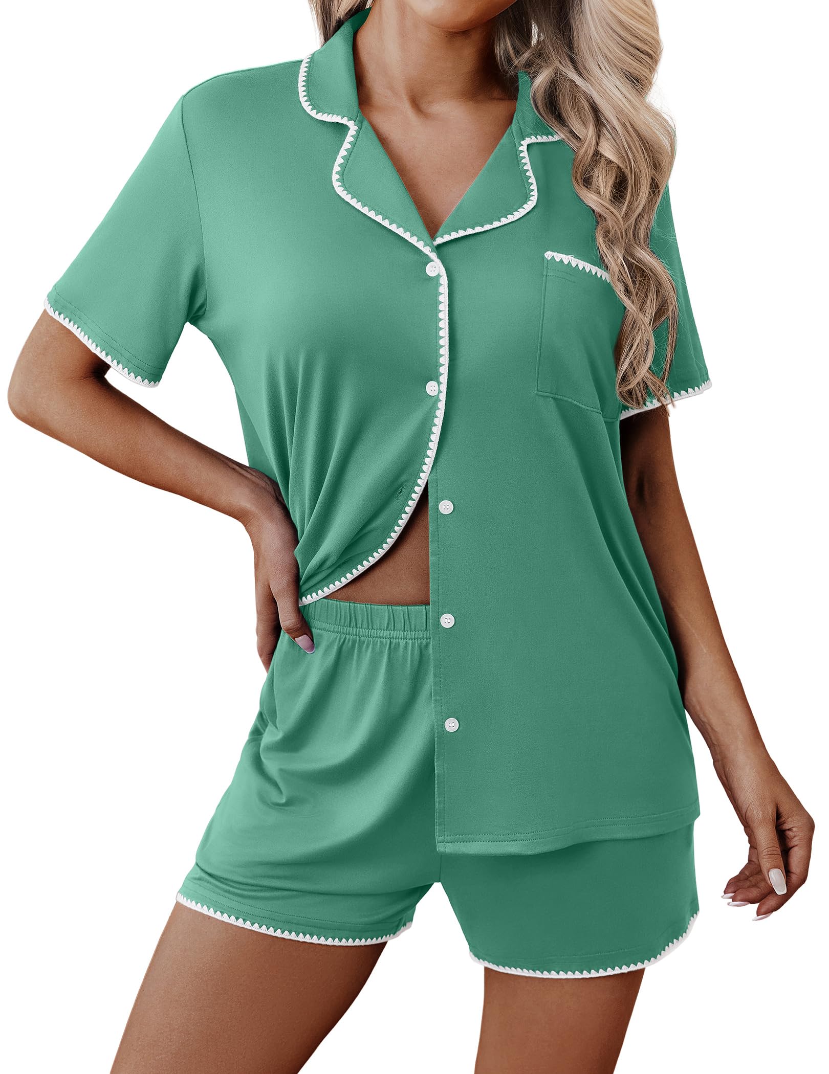 Ekouaer Pajamas for Women Set 2 Piece Soft Button Down Top and Shorts