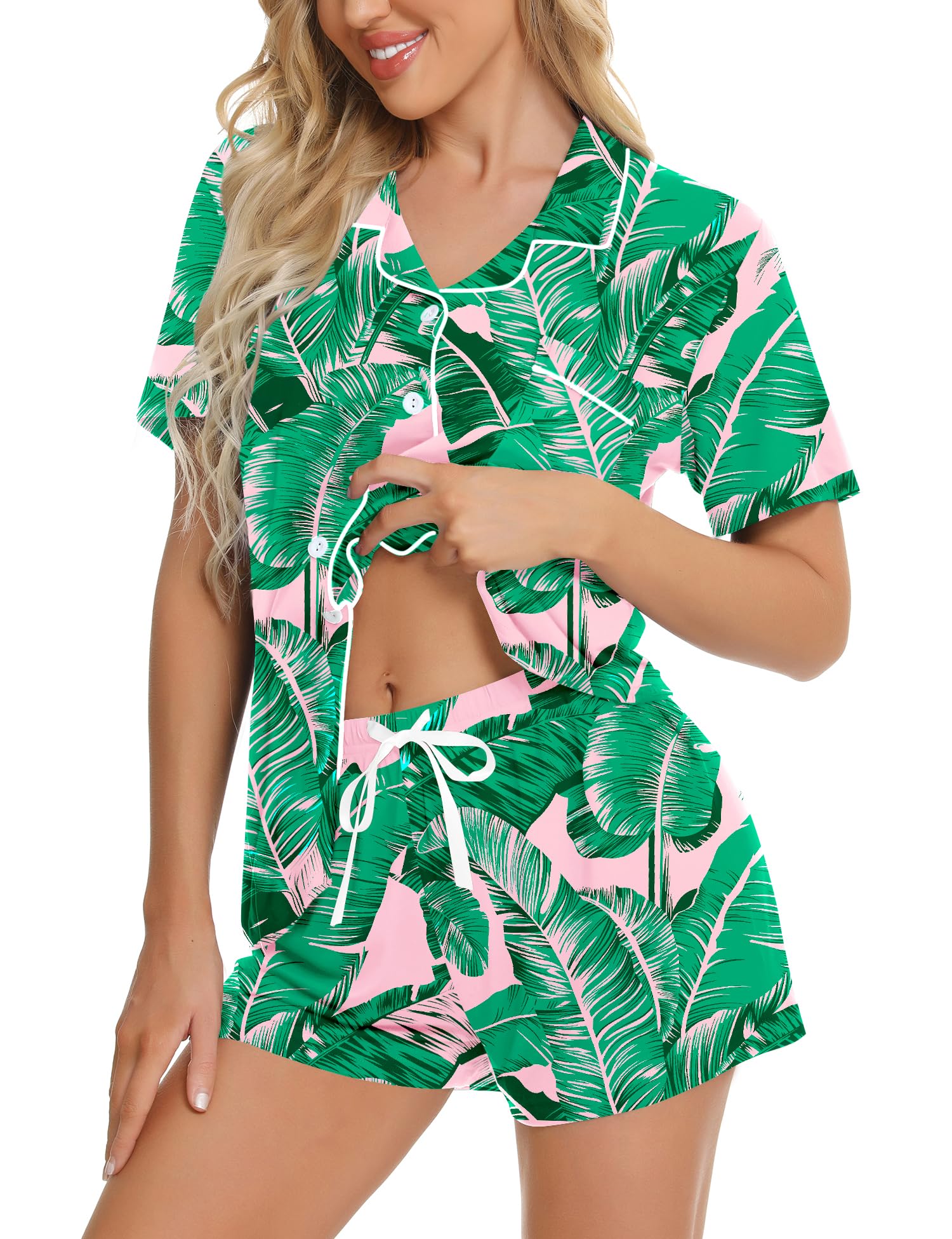 SWOMOG Womens Button Down Pajamas Set Short Sleeve Sleepwear Bride Soft Pj Lounge Sets XS-3XL