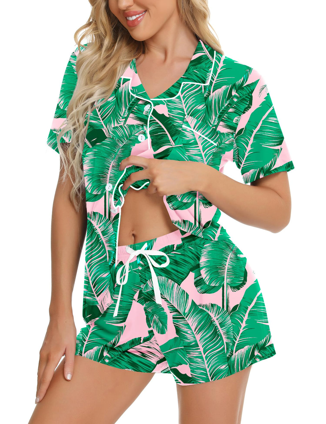 SWOMOG Womens Button Down Pajamas Set Short Sleeve Sleepwear Bride Soft Pj Lounge Sets XS-3XL