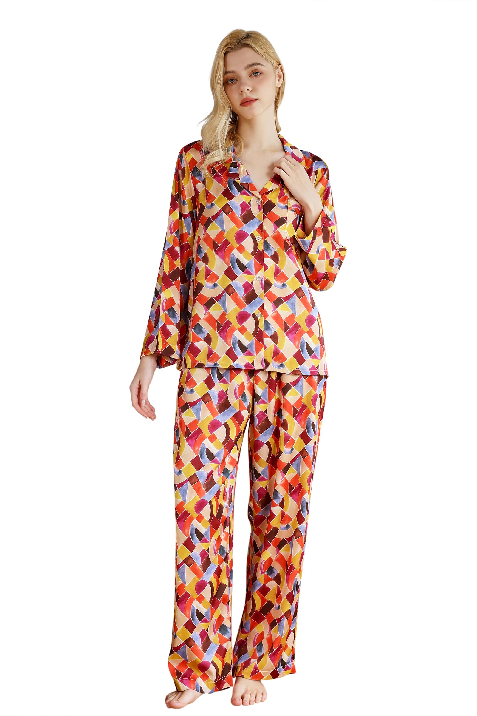 YiNi LuLu Womens Silk Satin Pajamas Set Button Down 2 Piece Pjs Long Sleeve Oversized Sleepwear with Pockets