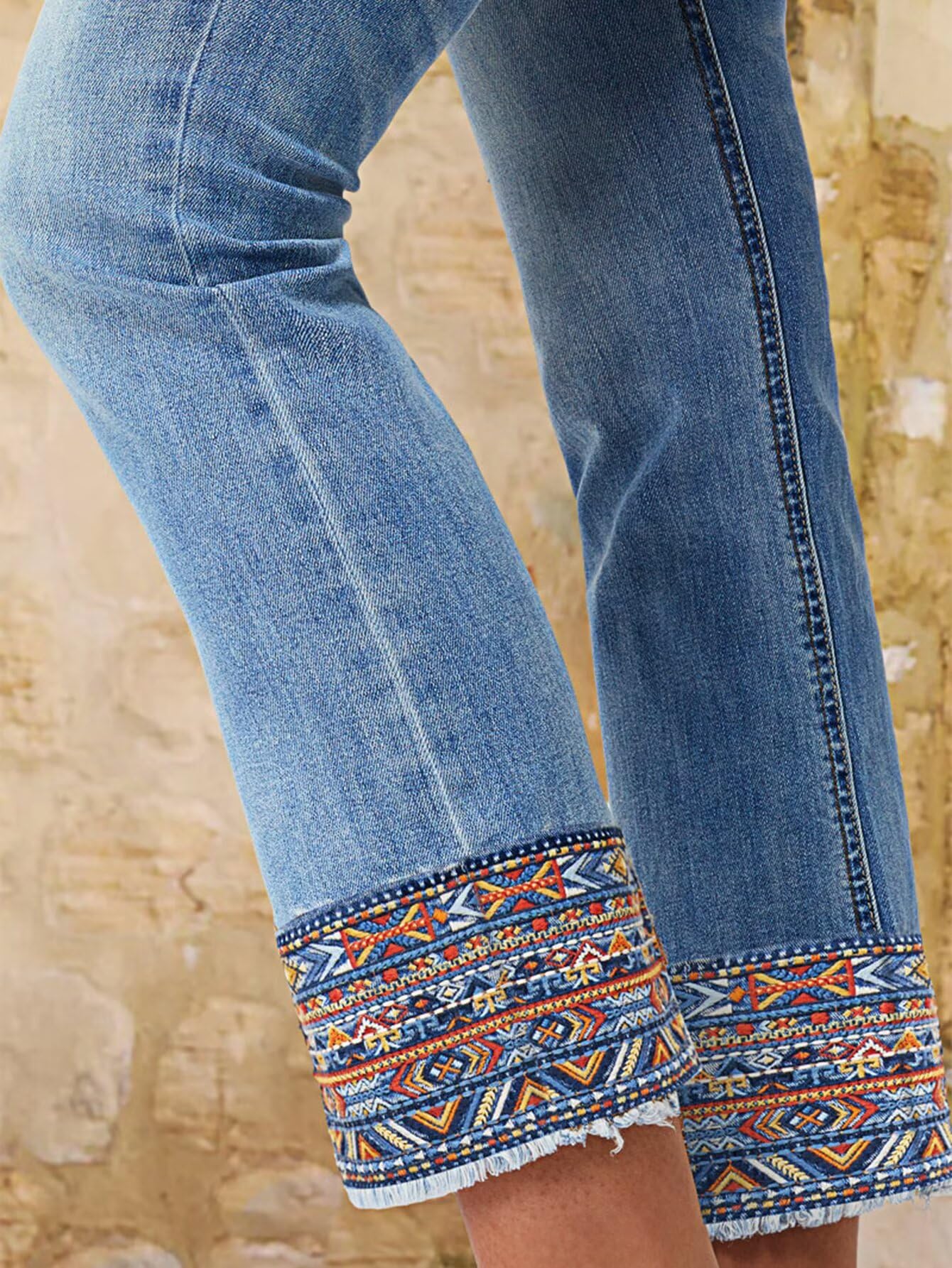 Flamingals Straight Leg Cropped Jeans for Women Trendy Mid Rise Stretchy Tribal Embroidery Raw Hem Ankle Jeans