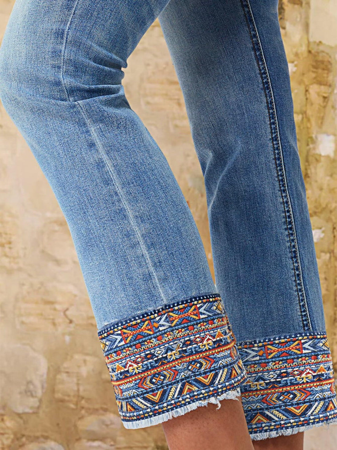 Flamingals Straight Leg Cropped Jeans for Women Trendy Mid Rise Stretchy Tribal Embroidery Raw Hem Ankle Jeans