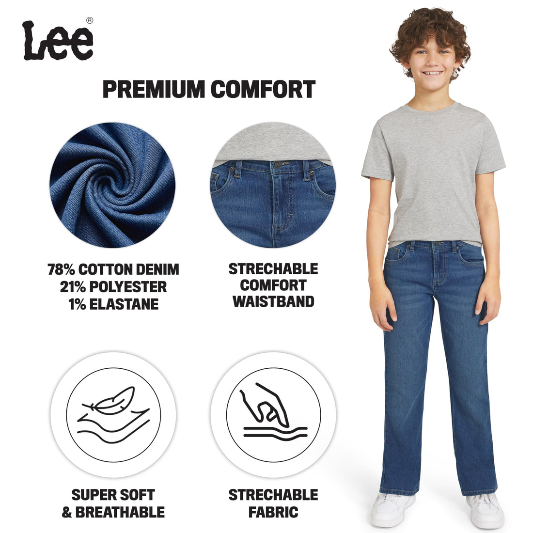 Lee Boys' 5 Pocket Loose Fit Stretch Waist Denim Jeans