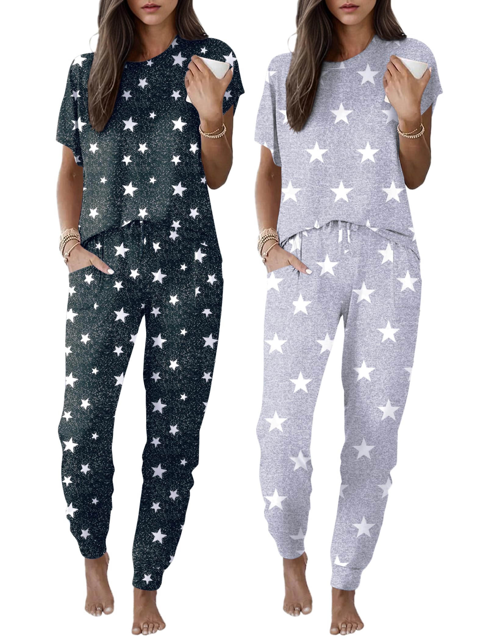 Ekouaer 2 Pack Womens Pajama Short Sleeve Jogger Pants Pjs Lounge Set