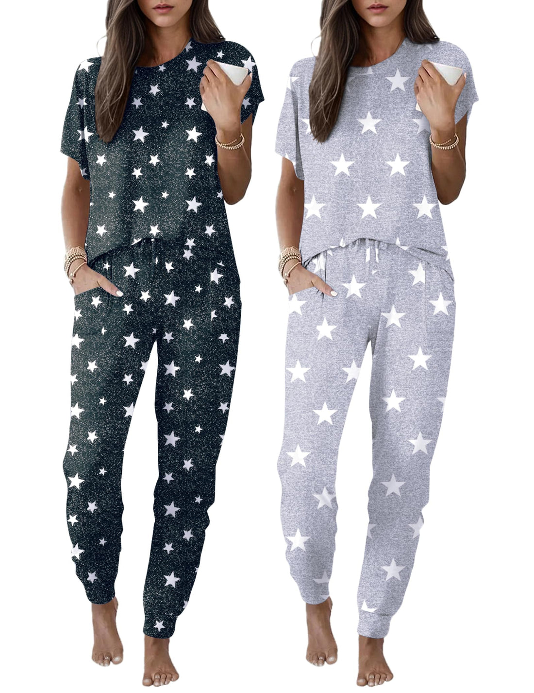 Ekouaer 2 Pack Womens Pajama Short Sleeve Jogger Pants Pjs Lounge Set