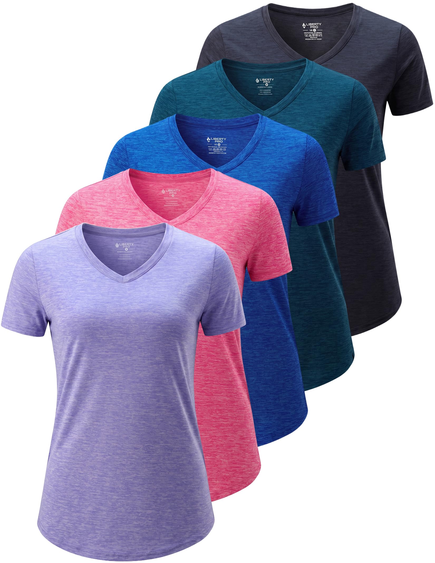 Liberty Imports 5 Pack Women's Dry Fit Workout Tops, Athletic Short Sleeve T Shirts for Yoga Gym (Available in Plus Sizes)