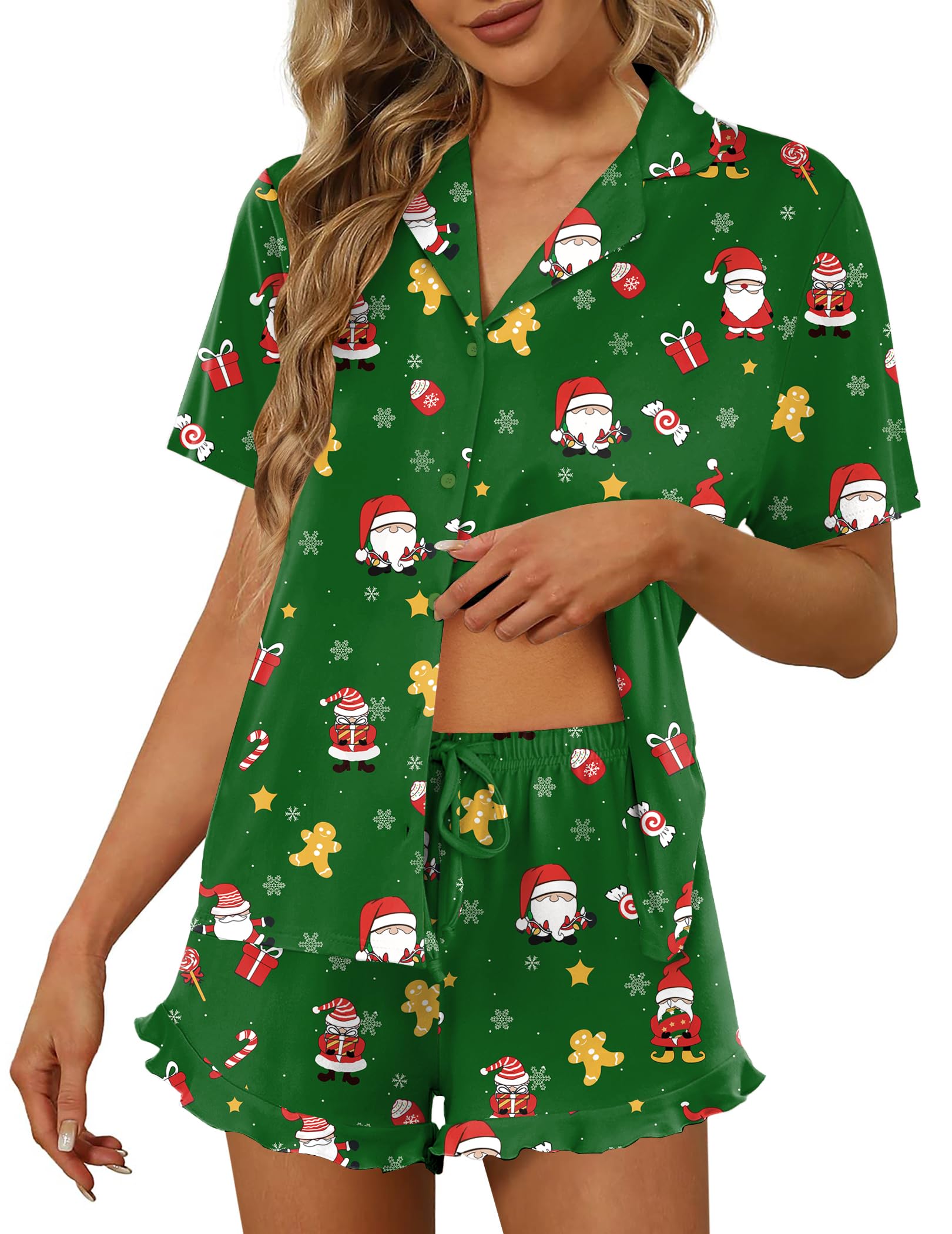 Ekouaer Pajamas Set for Women Short Sleeve Sleepwear Button Down Ruffle Pjs