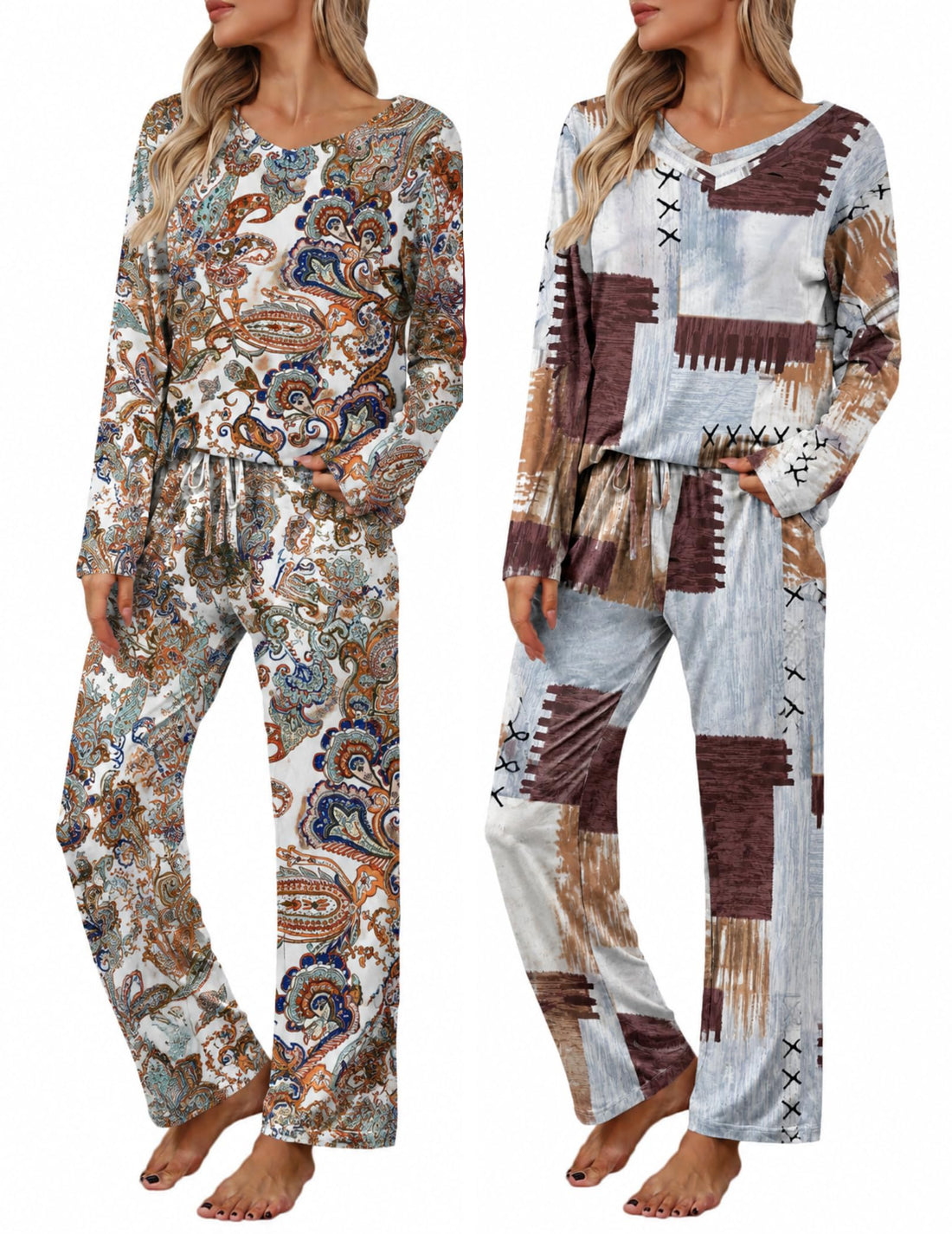 2 Pack: Women's Long Sleeve Pajama Sets - V Neck Top and Pants Lounge sets