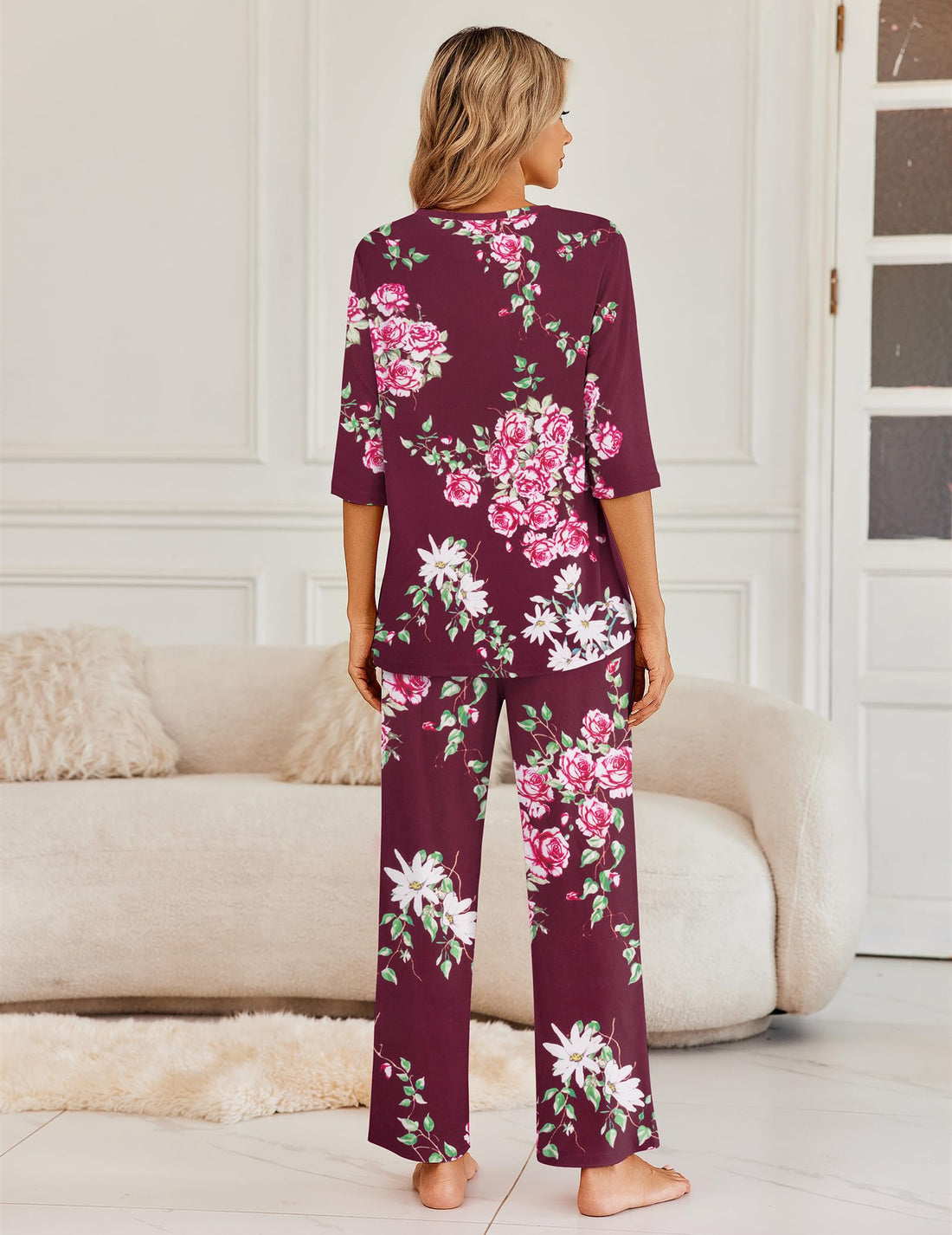 Ekouaer Womens Pajamas Set 2 Piece 3/4 Sleeve Tops Long Pants Pj Set