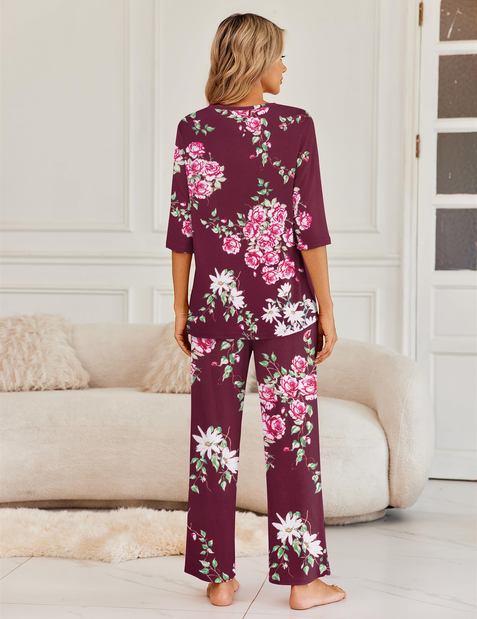 Ekouaer Womens Pajamas Set 2 Piece 3/4 Sleeve Tops Long Pants Pj Set